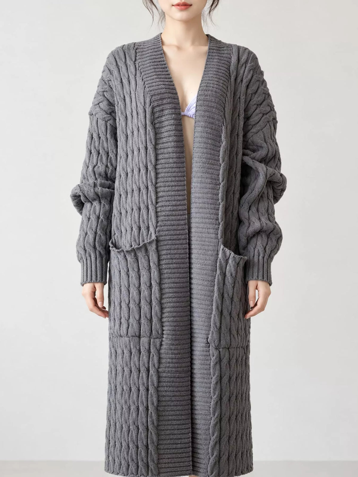 Gray cable-knit longline open-front cardigan