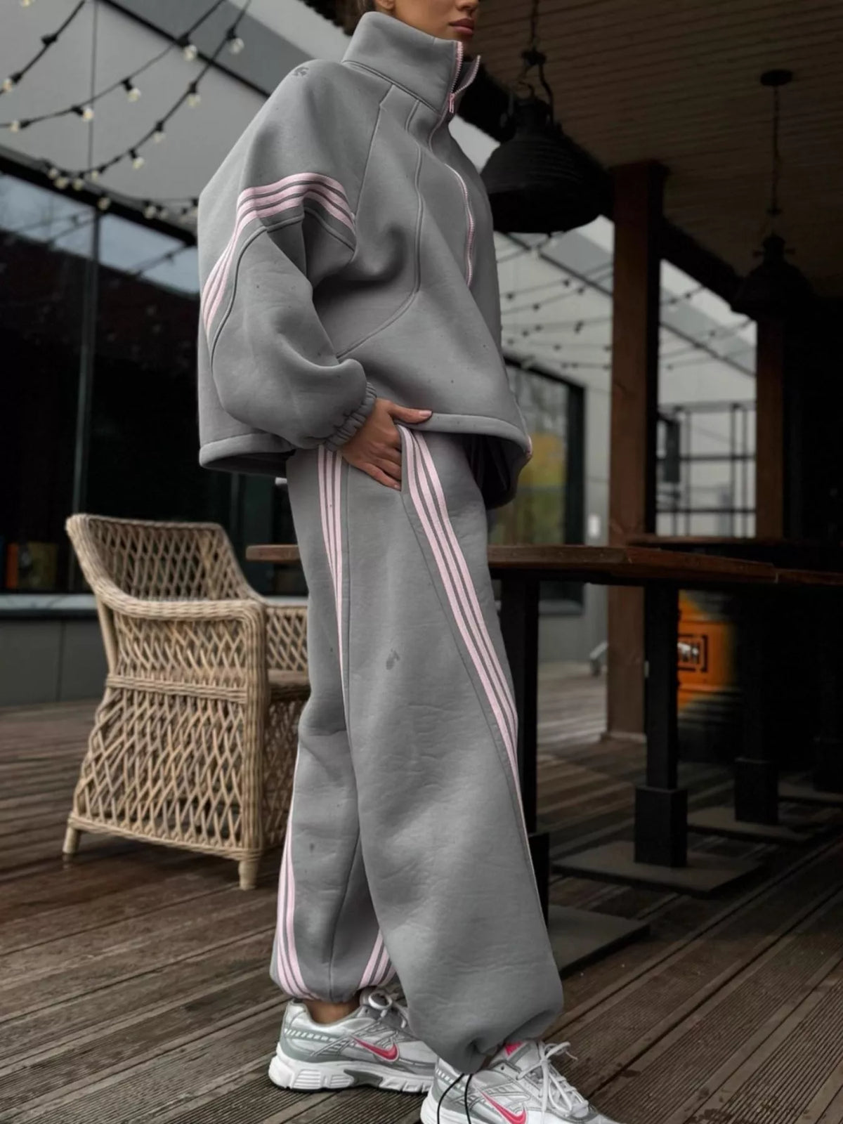 Trendsi Contrast Striped Zip Up Top and Pants Set -