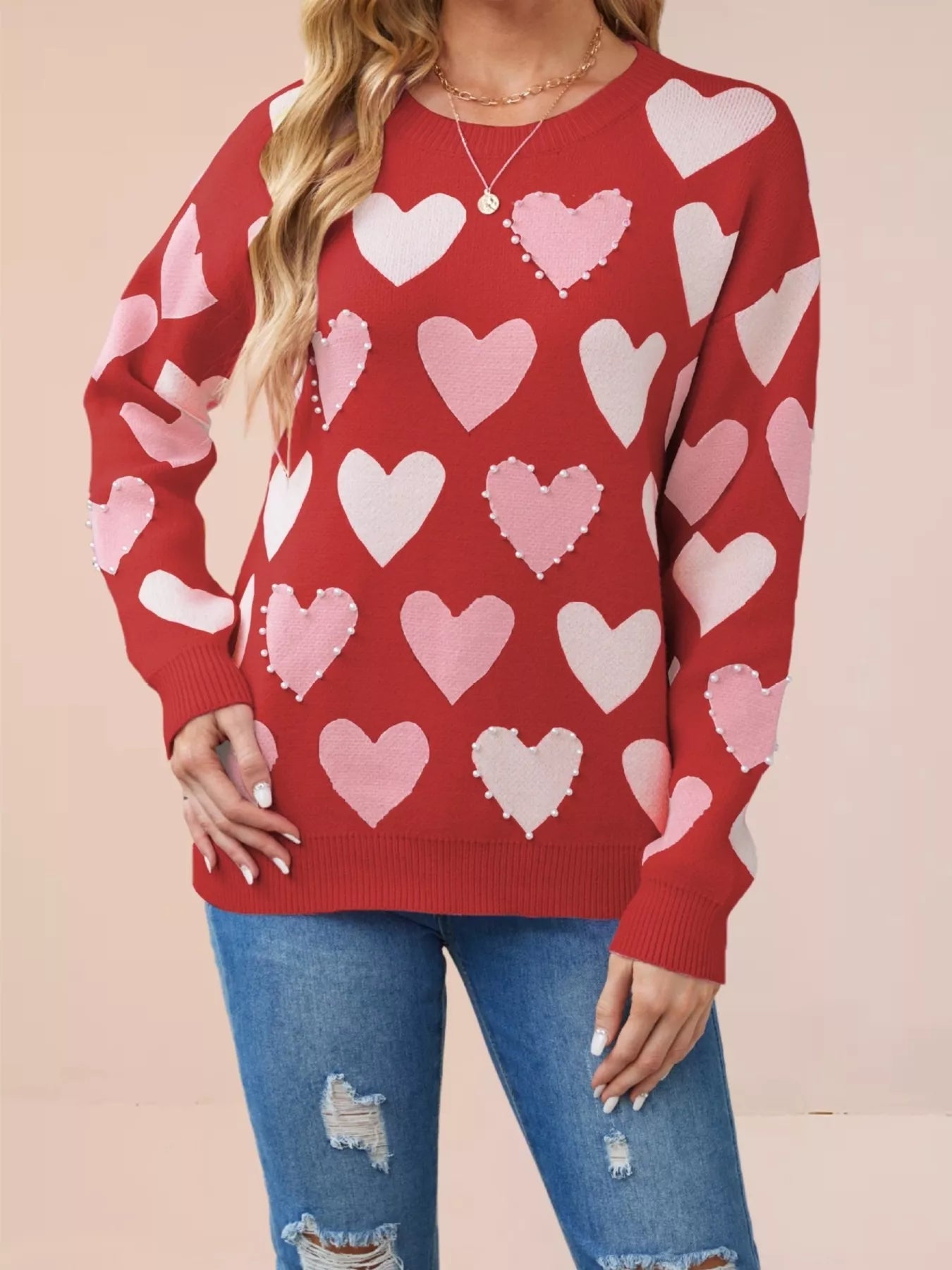 Trendsi Heart Pattern Pearl Embellishments Sweater -