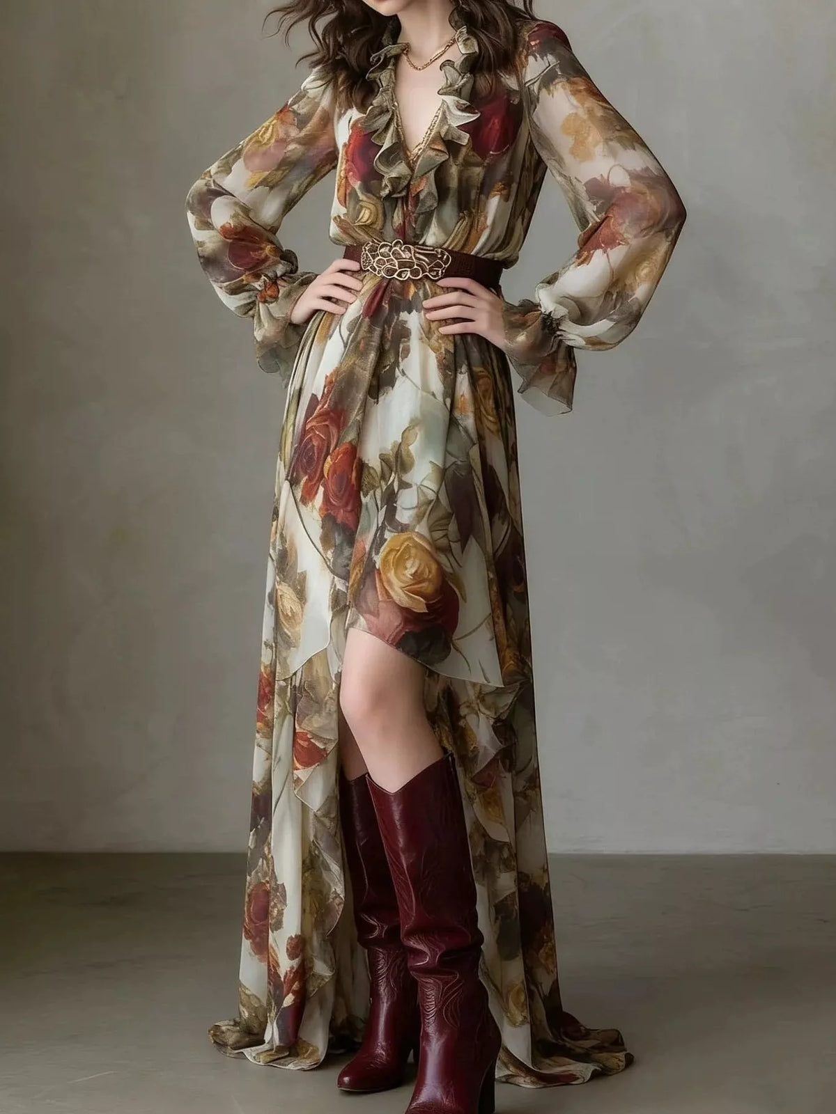Women's Floral Print Ruffle Trim High-Low Chiffon Maxi Dress in Floral, full-length view