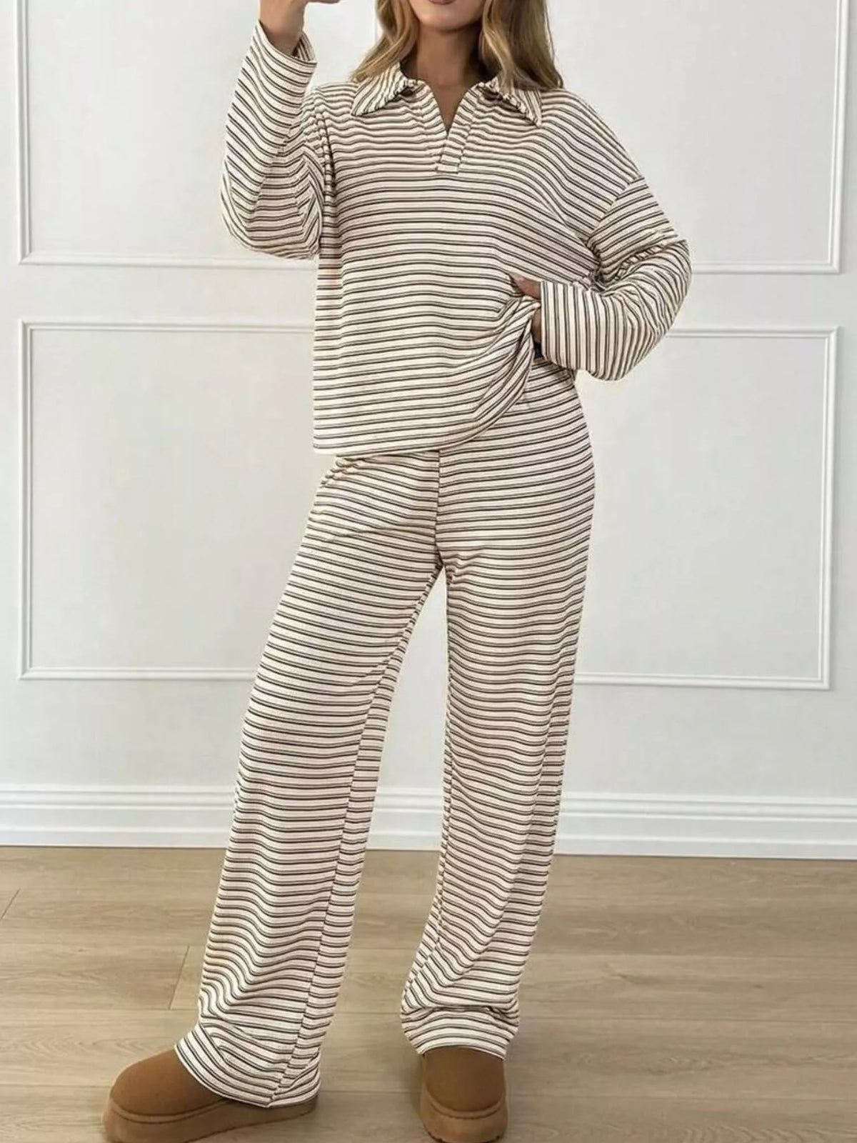 Striped Polo Top and Wide-Leg Pants Set, front view
