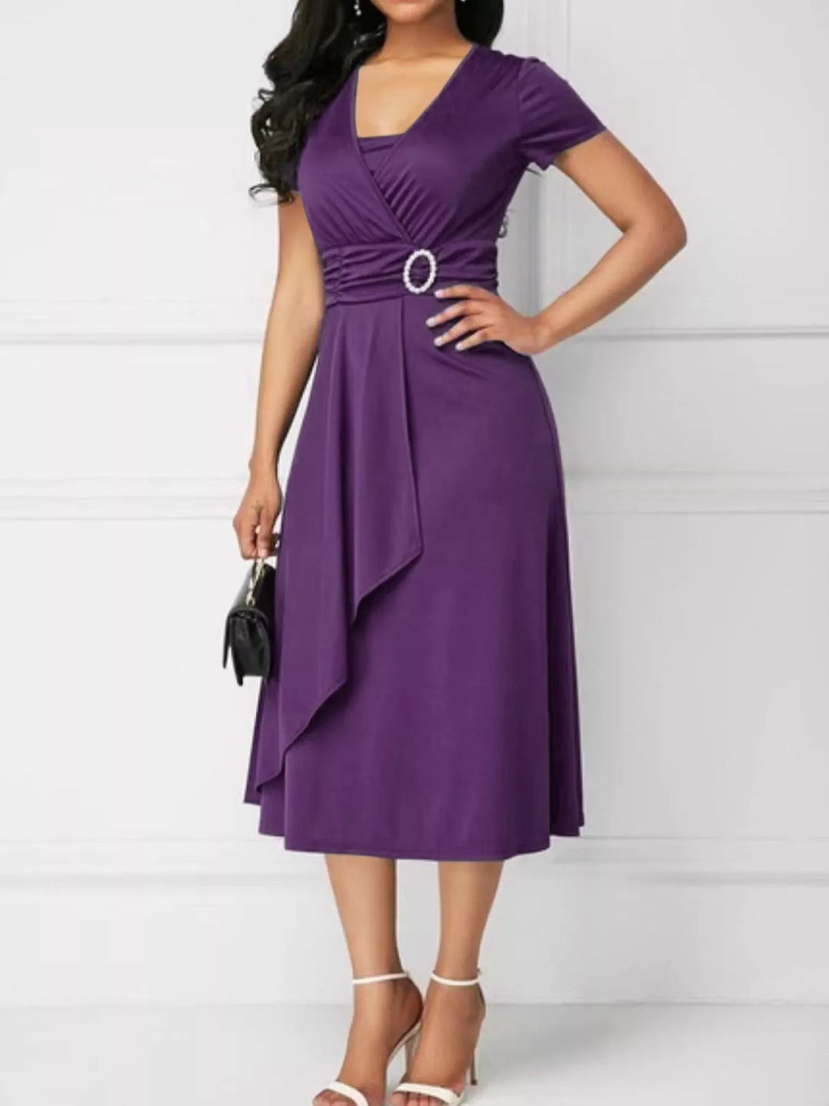 Decorative Buckle Short Sleeve Dress — side view