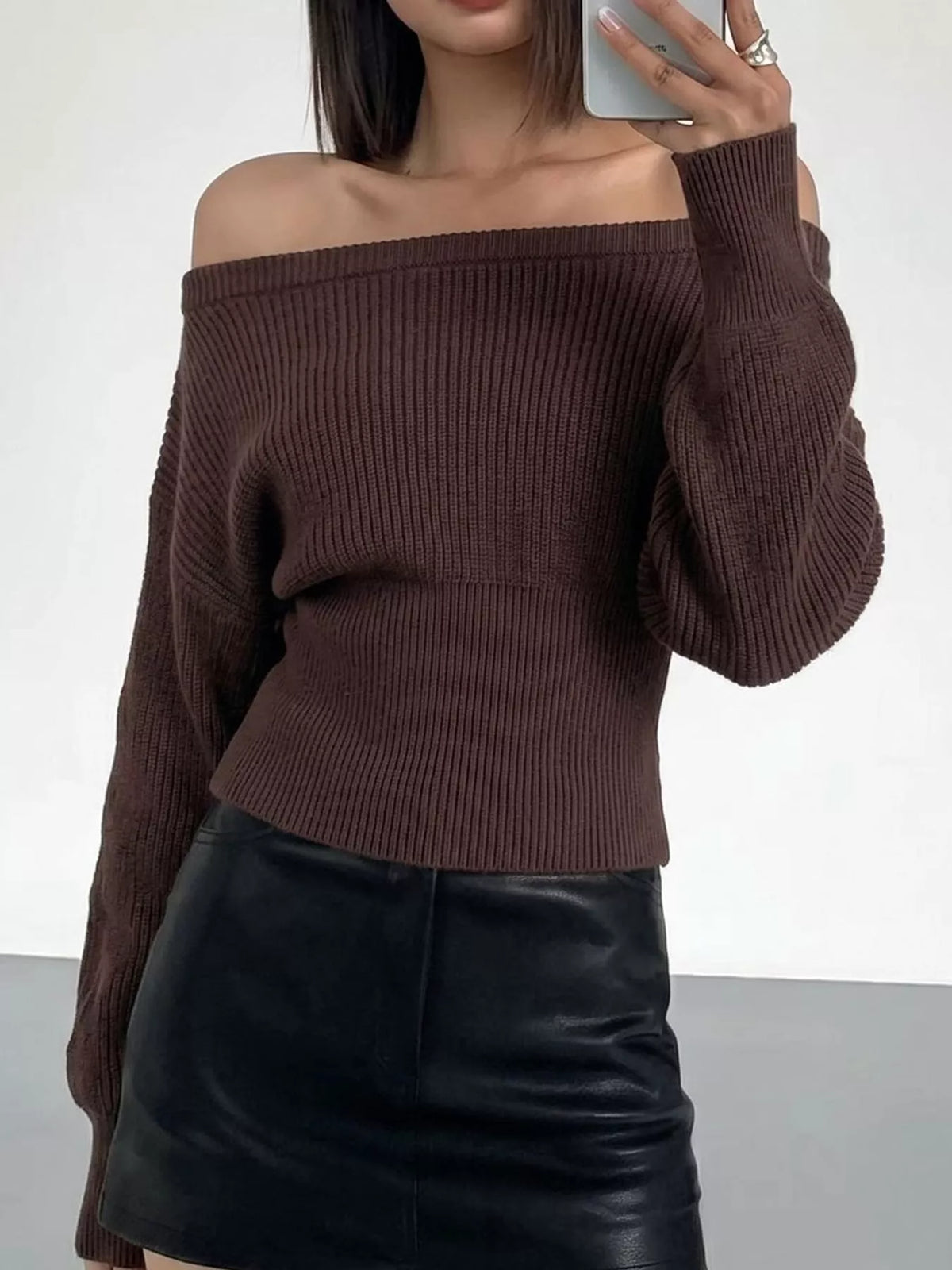 Brown one shoulder ribbed knit sweater