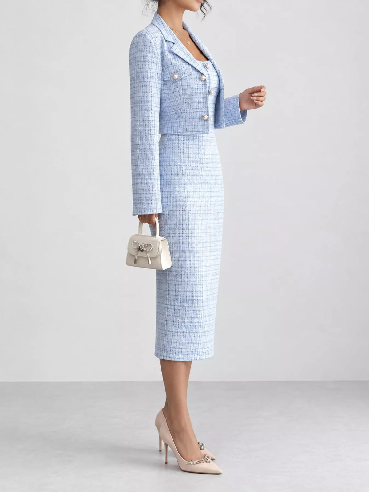 Tweed dress and cardigan set, blue side