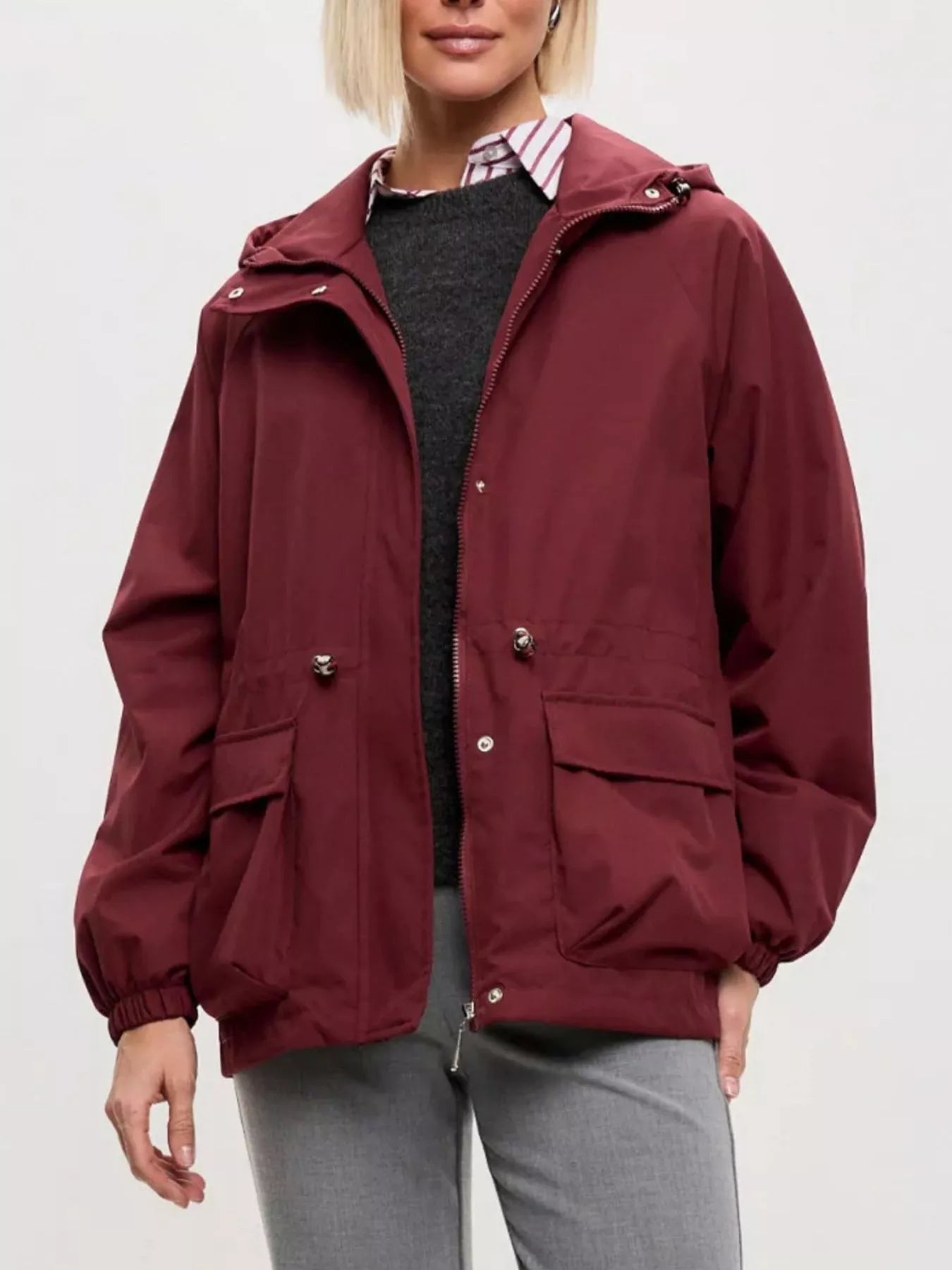 Trendsi Drawstring Waist Hooded Windbreaker Outerwear -