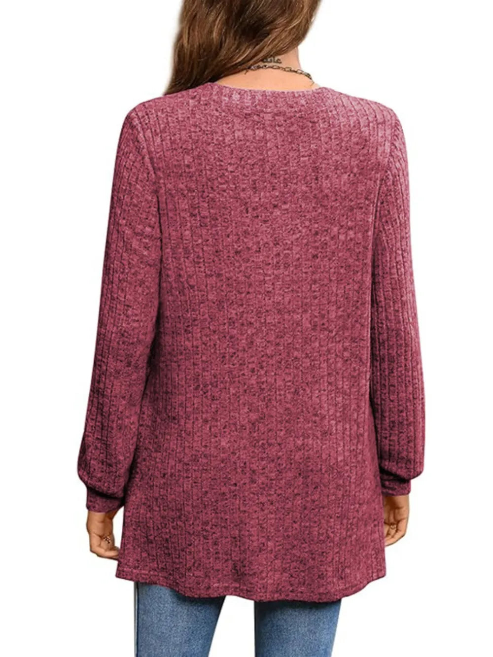Trendsi Ribbed Notched Long Sleeve T-Shirt -