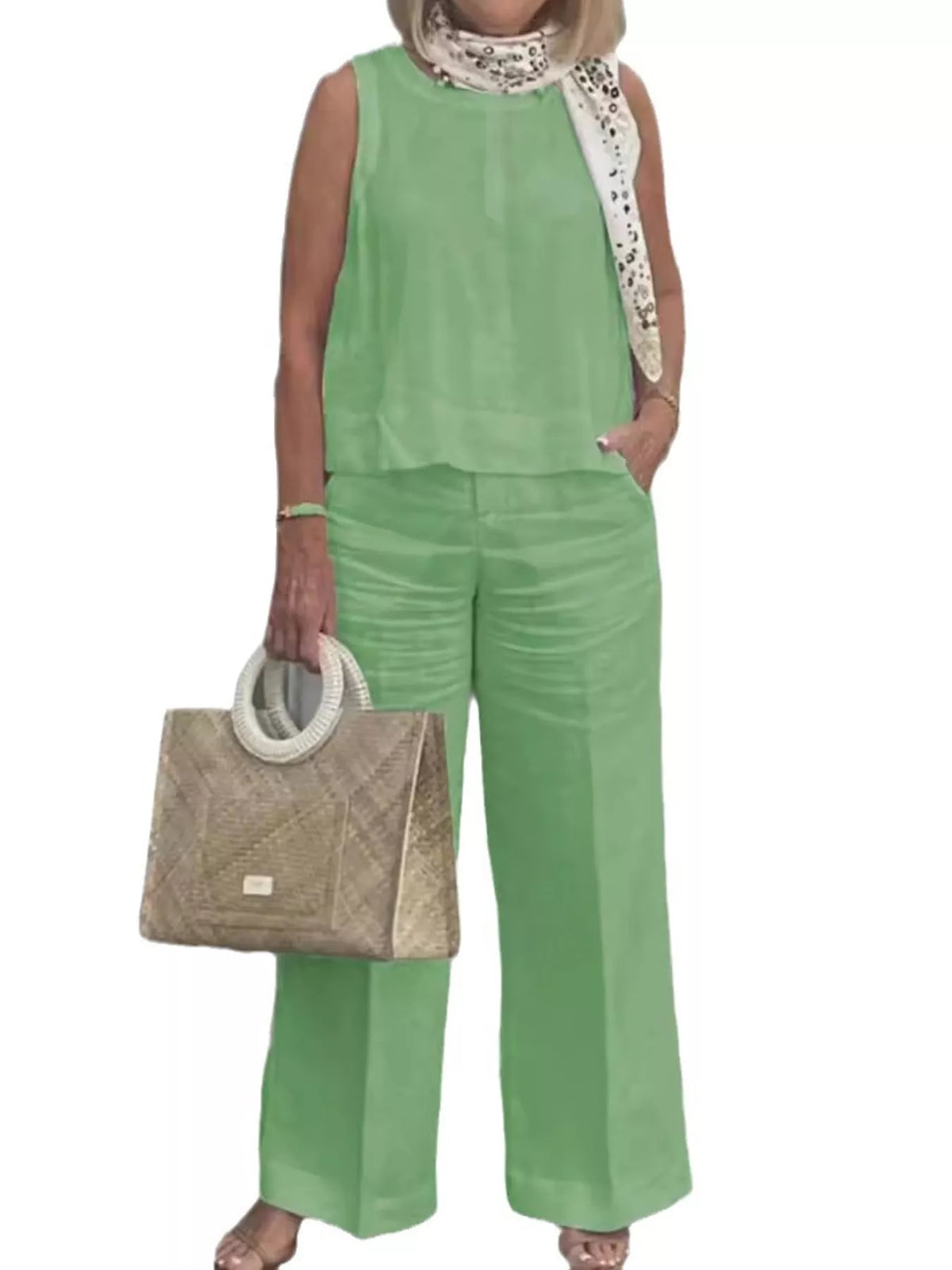 Sleeveless Top and Wide-Leg Pants Set — front view