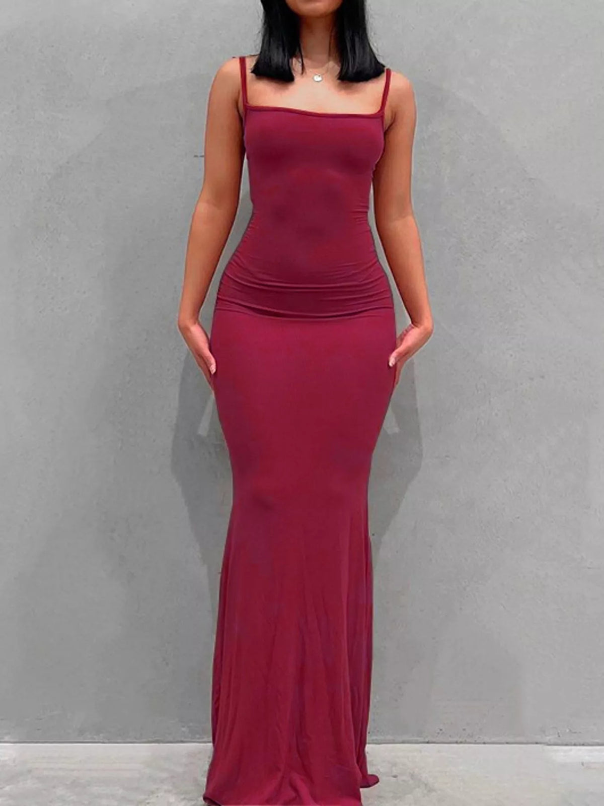Square neck spaghetti-strap maxi dress, front view on model