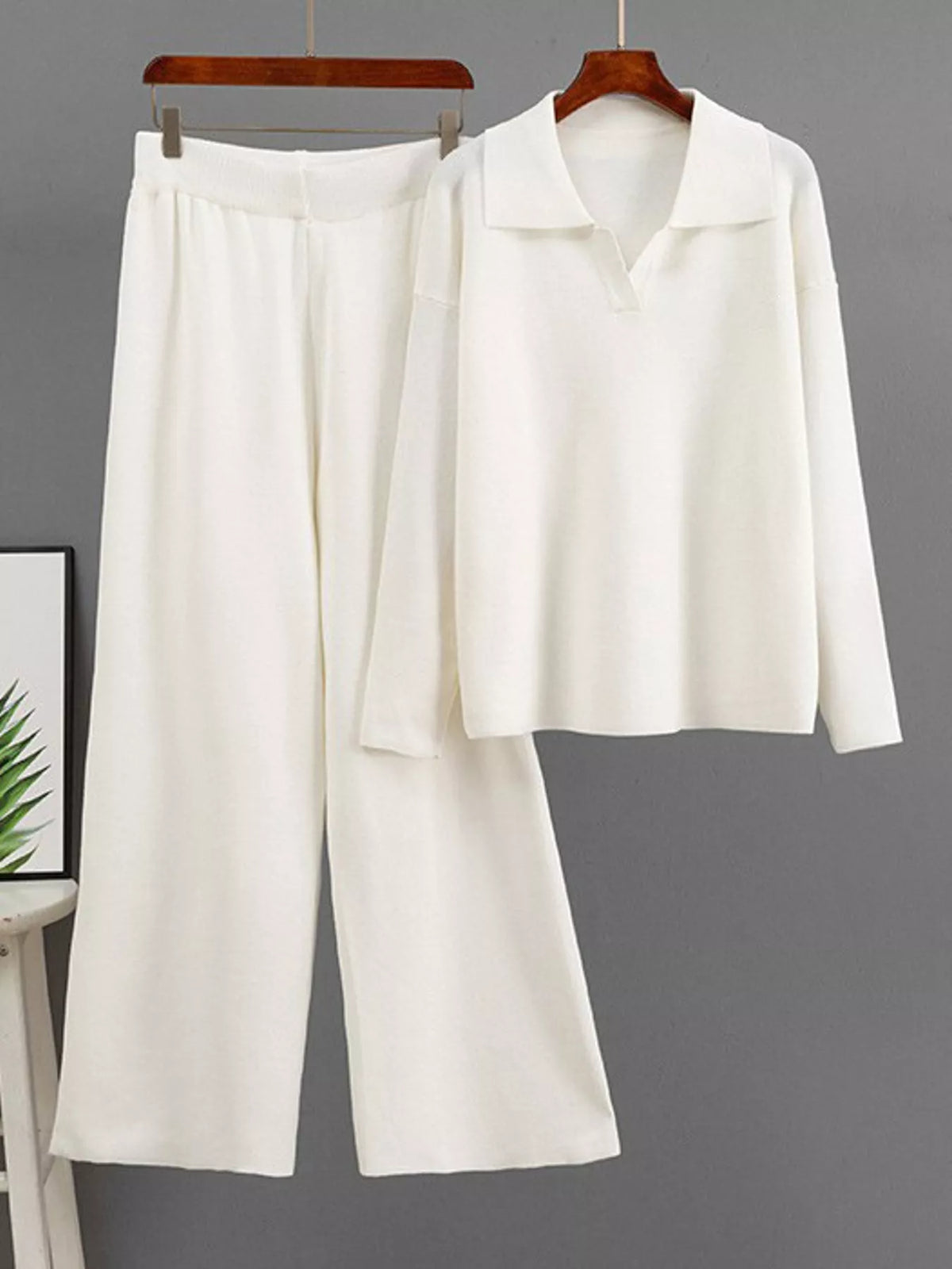 Collared Long Sleeve Knit Top and Wide-Leg Pants Sweater Set — garment front