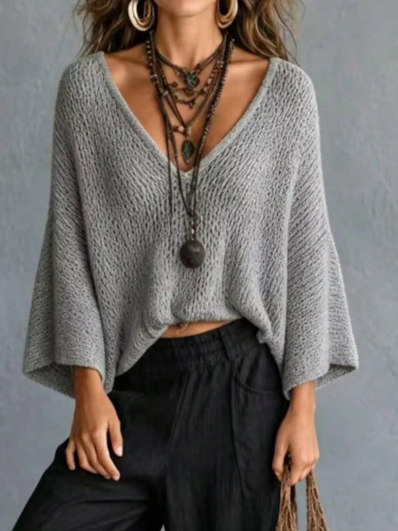 Trendsi V-Neck Batwing Sleeve Sweater -