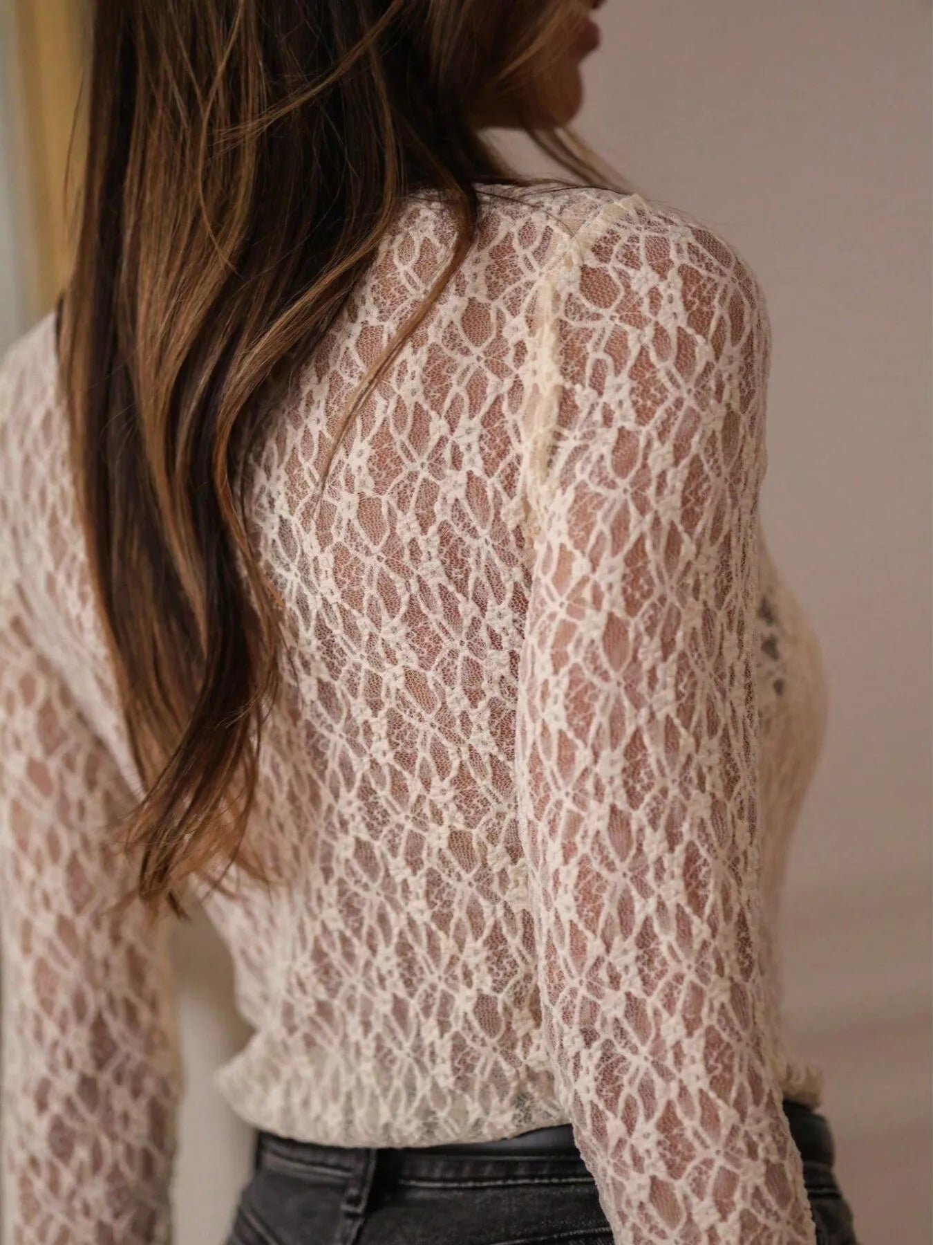 Trendsi Mock Neck Sheer Lace Long Sleeve Top -