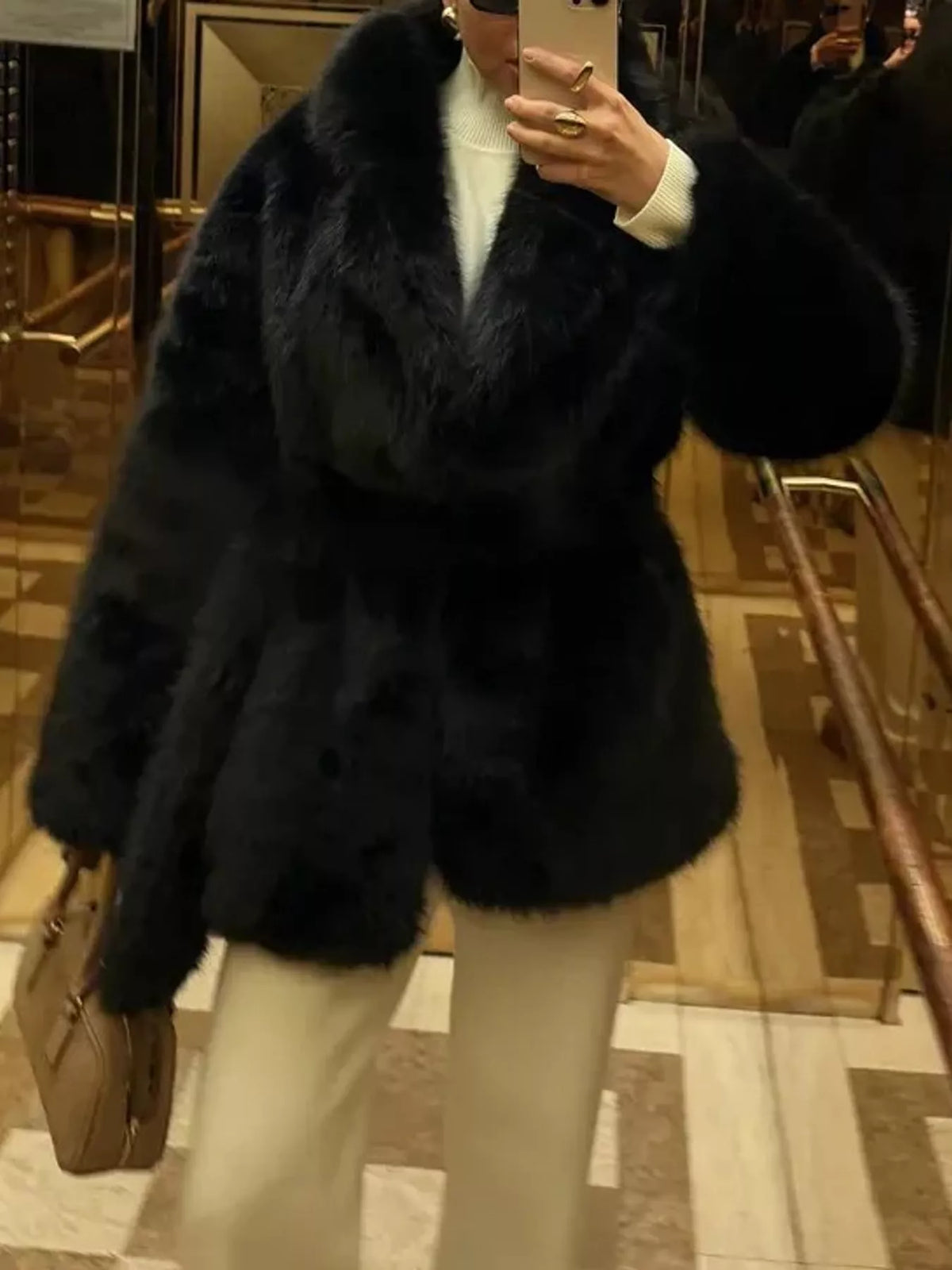 Faux Fur Belted Coat in black