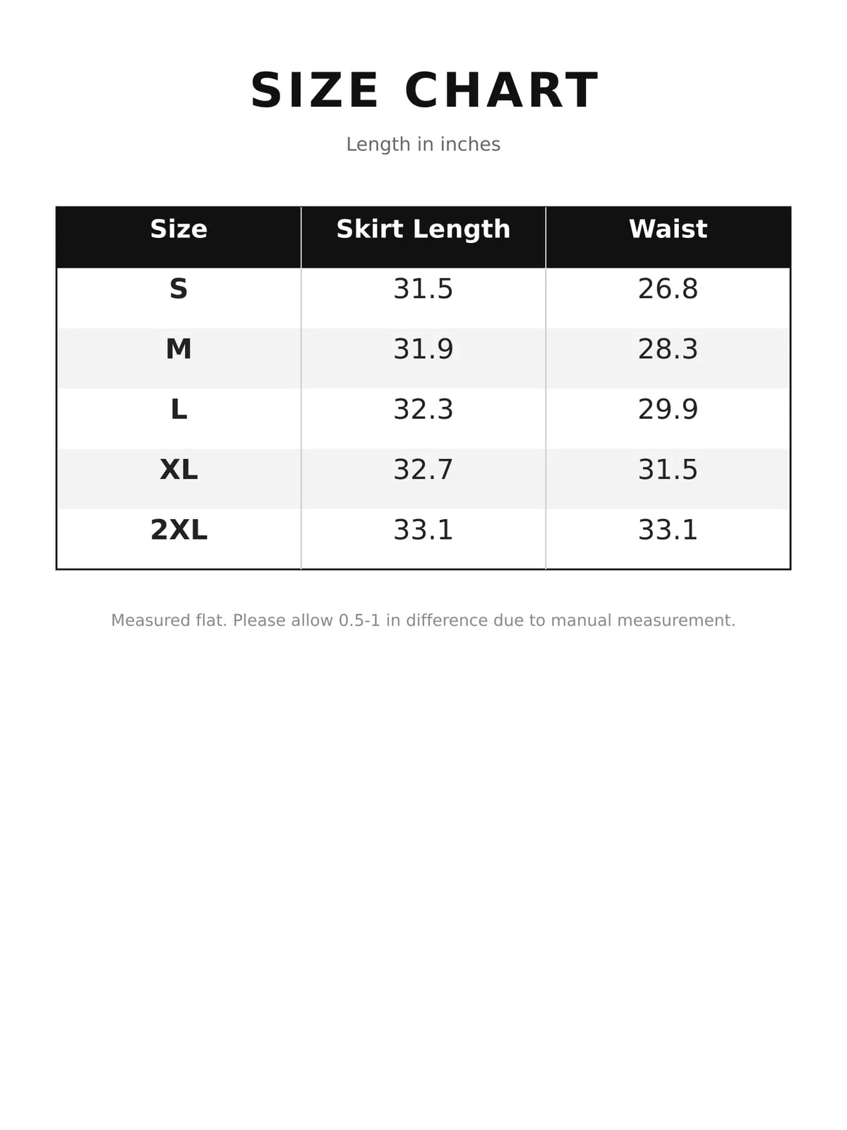 Size chart for satin midi skirt