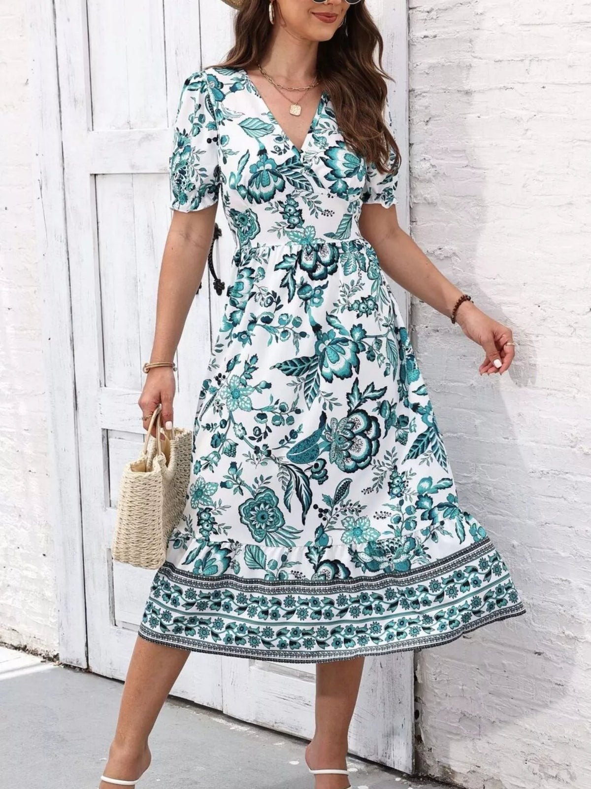 Trendsi Floral Print Puff Sleeve Wrap Midi Dress -