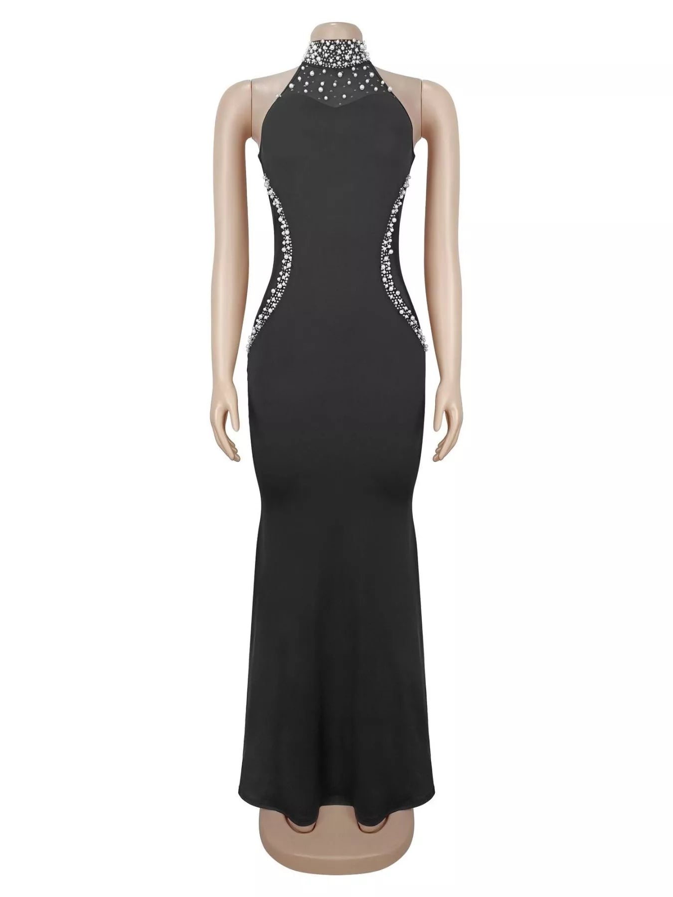Trendsi Pearl Detail Rhinestone Sleeveless Maxi Dress -