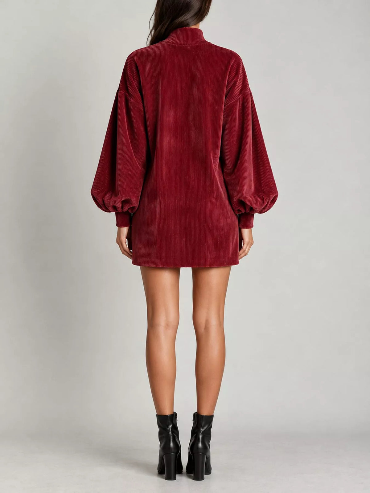 Wine Red corduroy mock neck lantern sleeve mini dress, back view