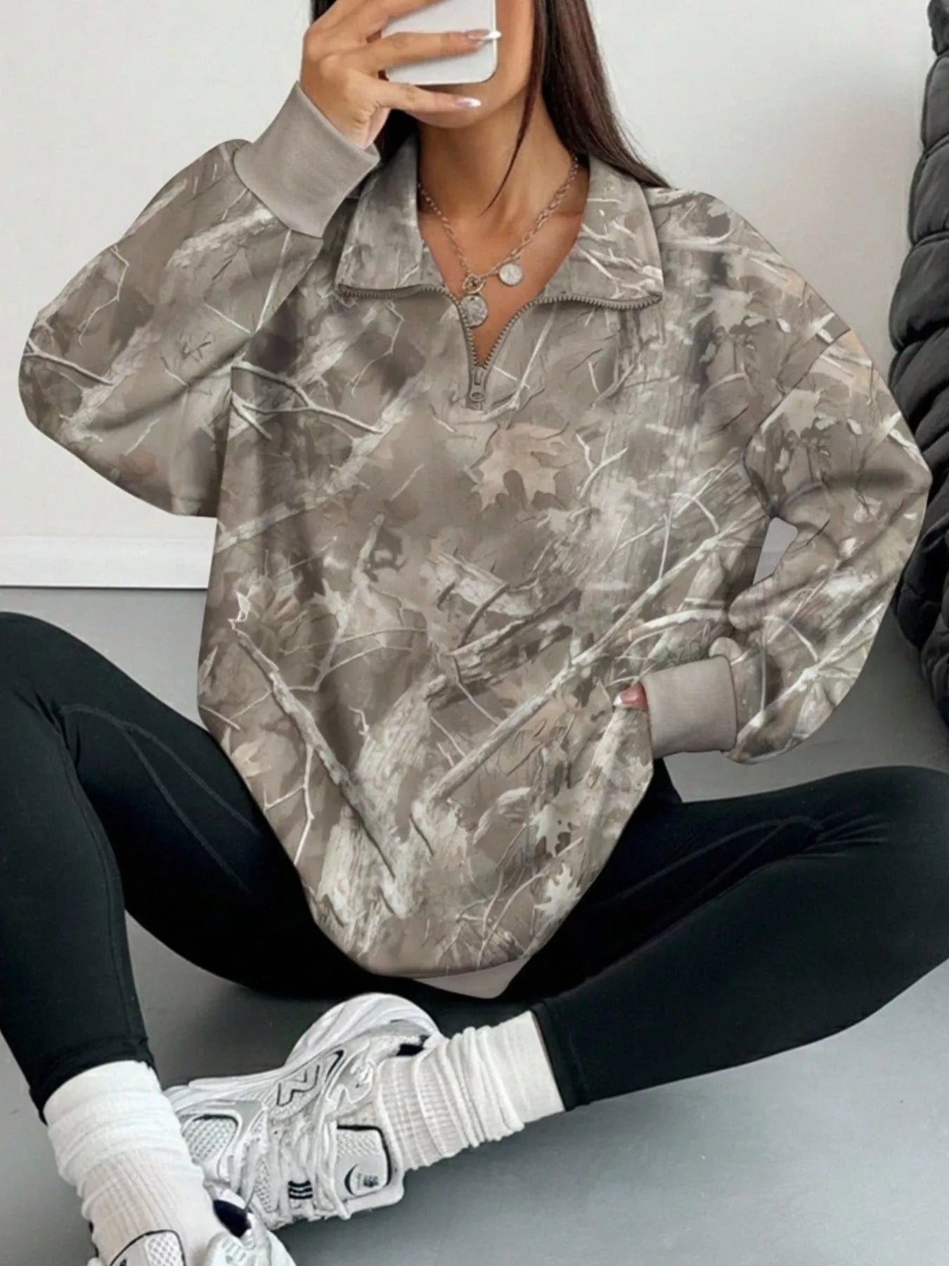Trendsi Quarter-Zip Printed Sweatshirt with Ribbed Cuffs -