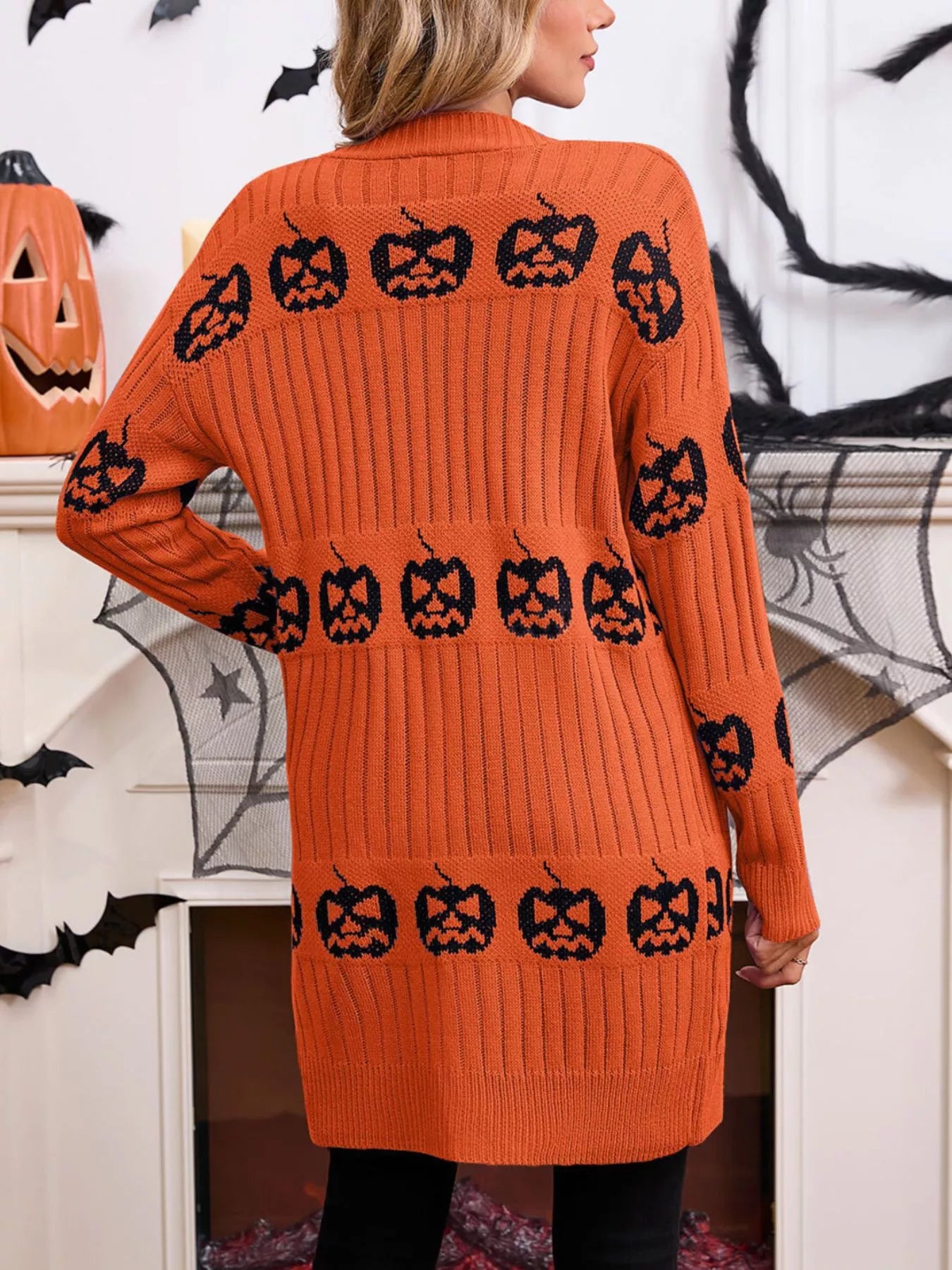 Trendsi Halloween Pumpkin Open Front Knit Cardigan -