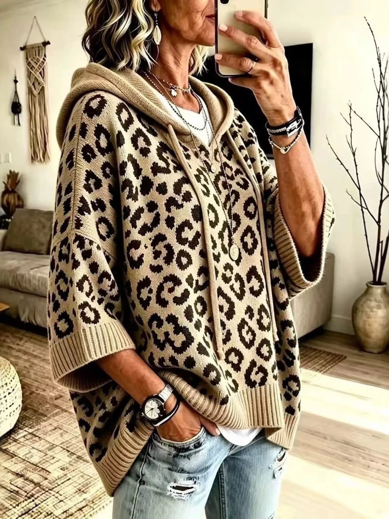 Trendsi Drawstring Leopard Hooded Sweater -
