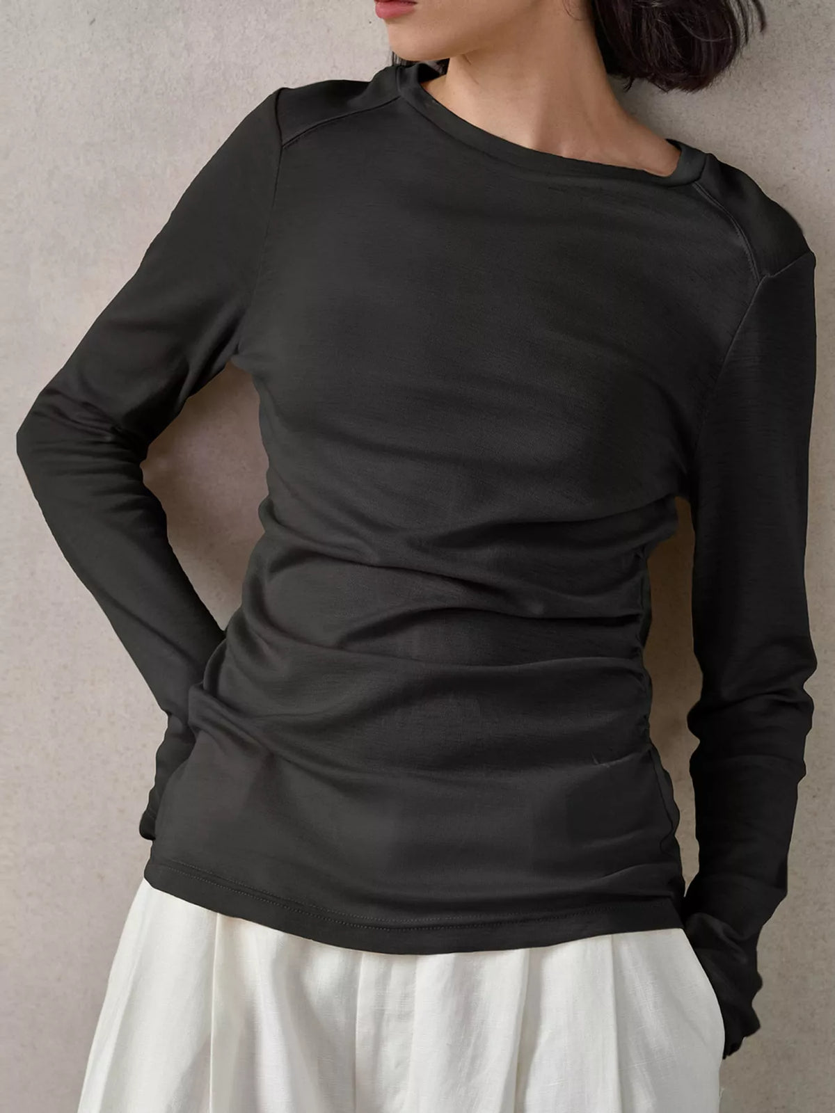Round neck long sleeve t-shirt, front view on model