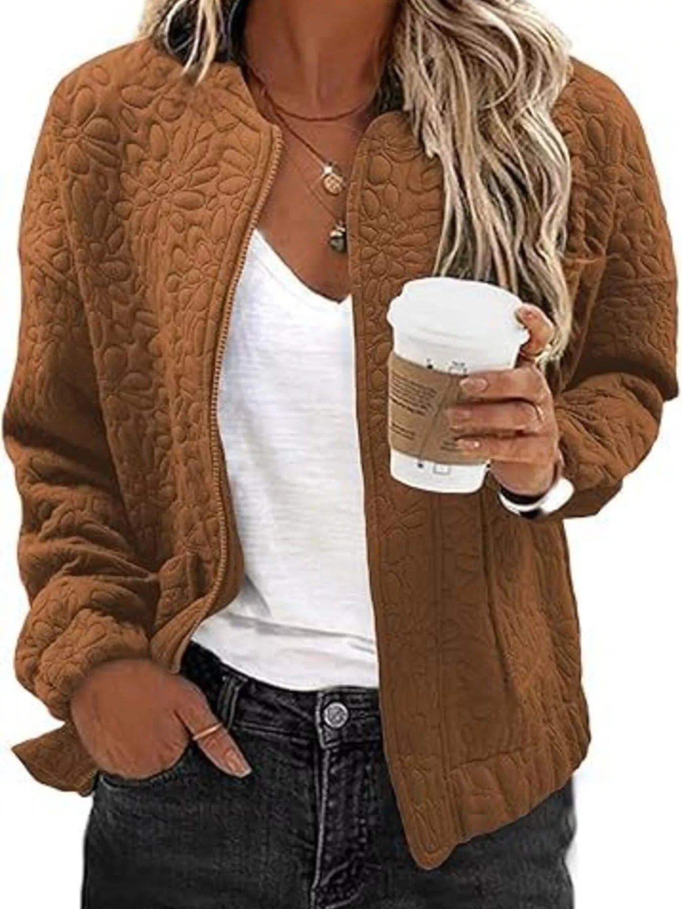 Trendsi Floral Quilted Zip Up Jacket -