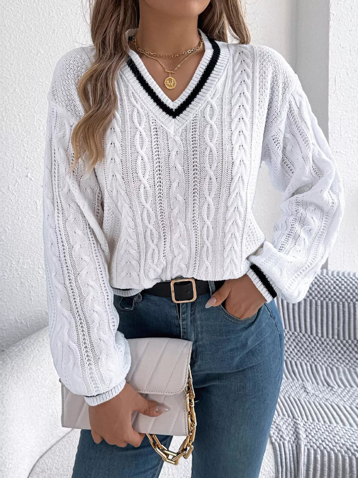 V-Neck Cable Knit Sweater with Striped Trim in white, front view