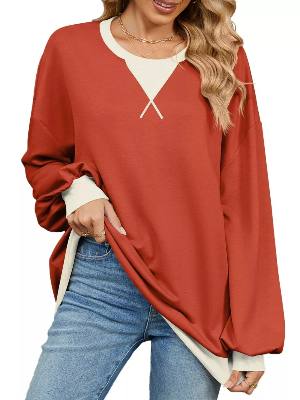 Trendsi Contrast Round Neck Long Sleeve Sweatshirt -