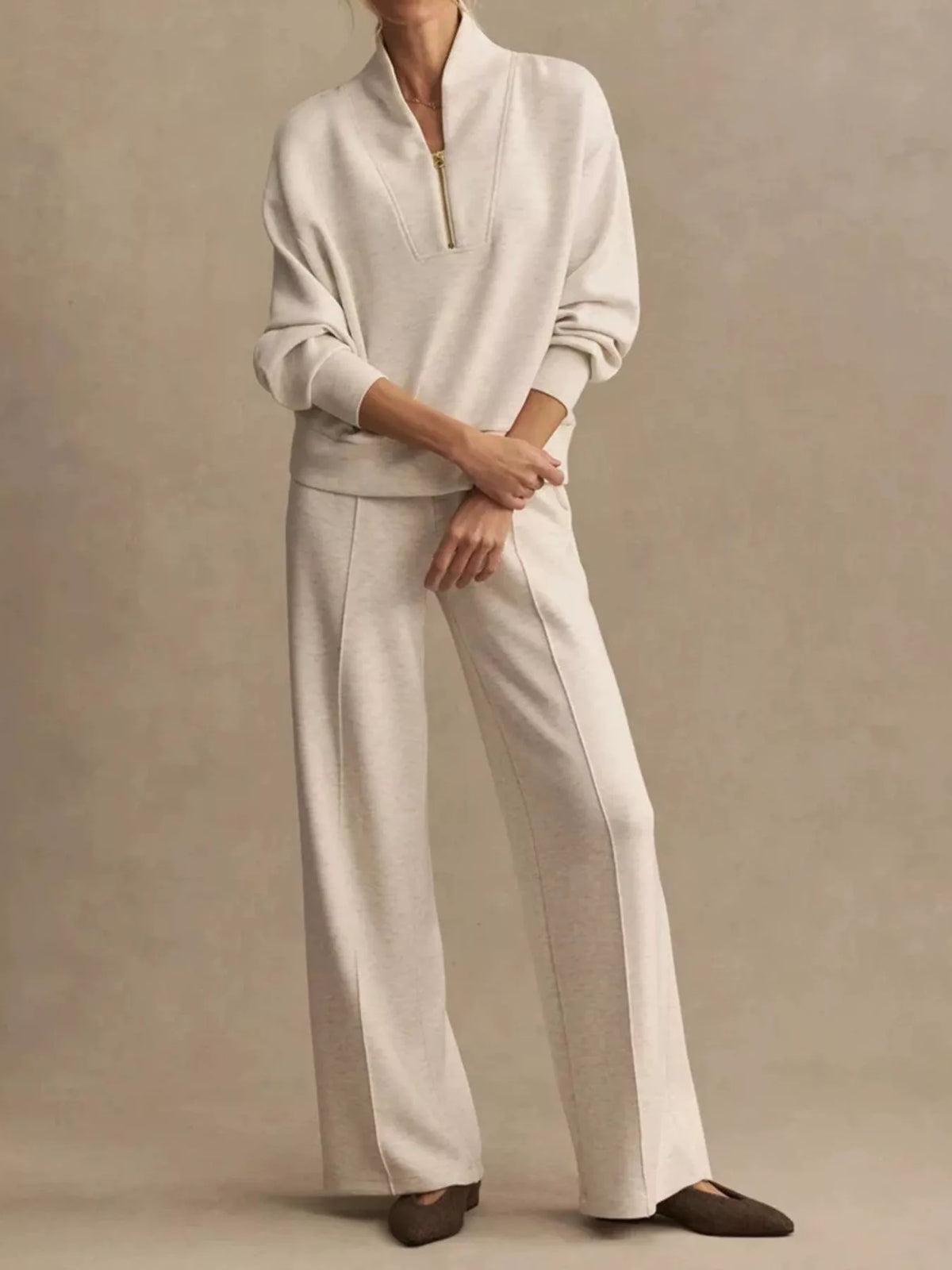 Trendsi Quarter-Zip Sweatshirt and Wide-Leg Pants Set -