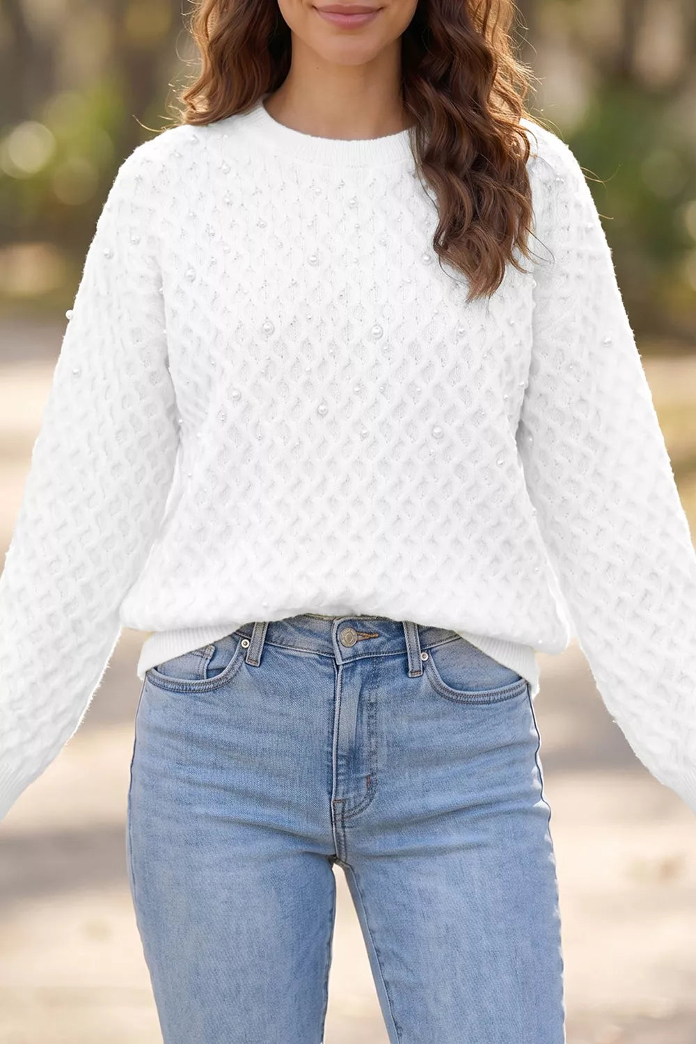 Trendsi Solid Textured Knit Pearl Embellished Pullover Sweater -