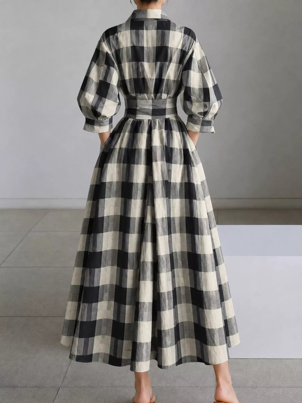 Collared Three-Quarter Sleeve Midi Shirt Dress — back view