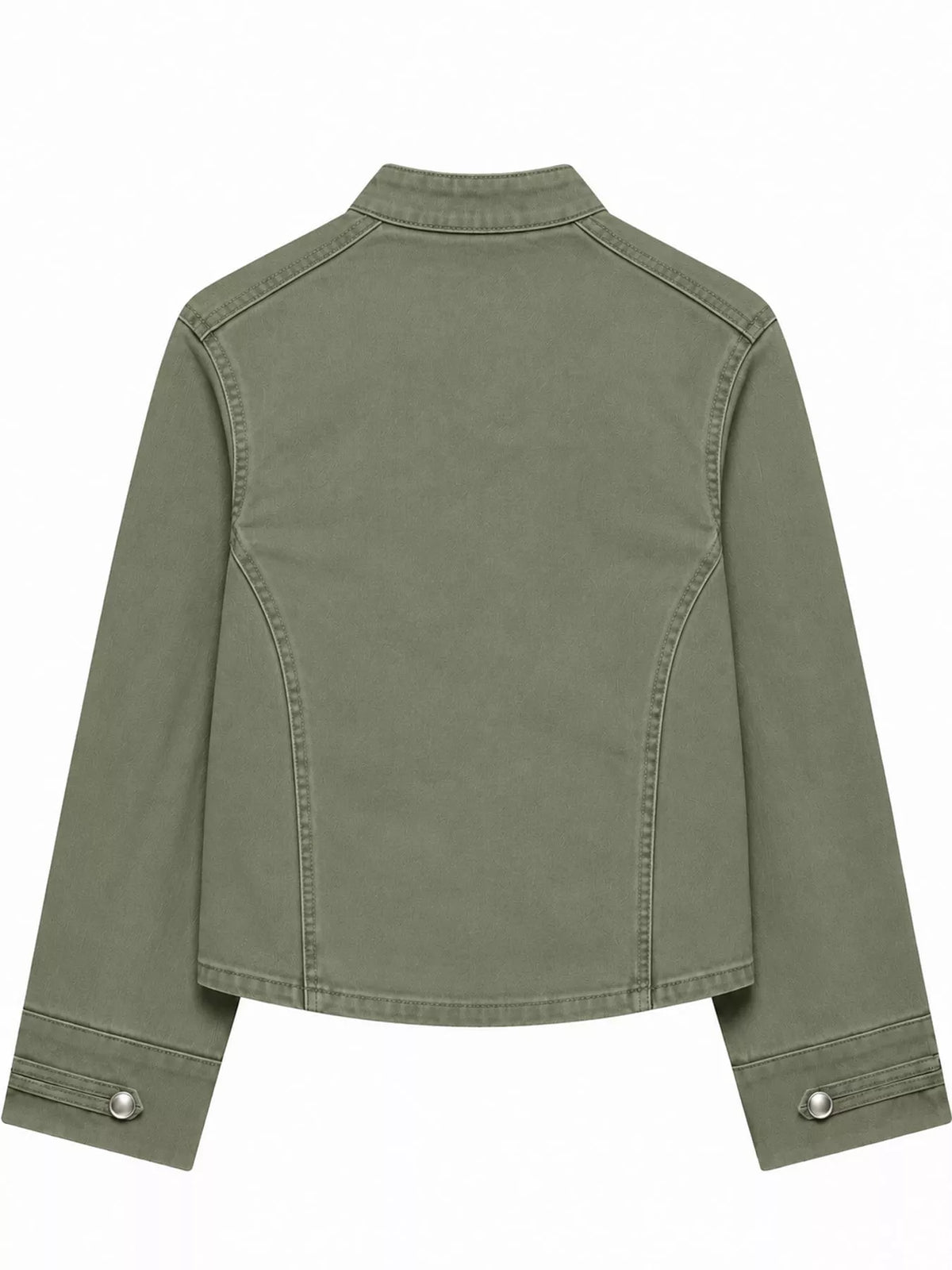 Army Green decorative button cropped denim jacket, back view