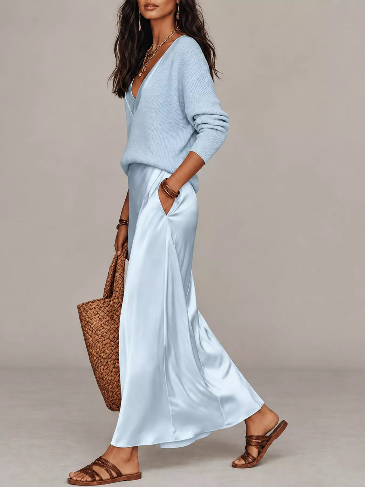 Light Blue-Set v-neck top and satin midi skirt set