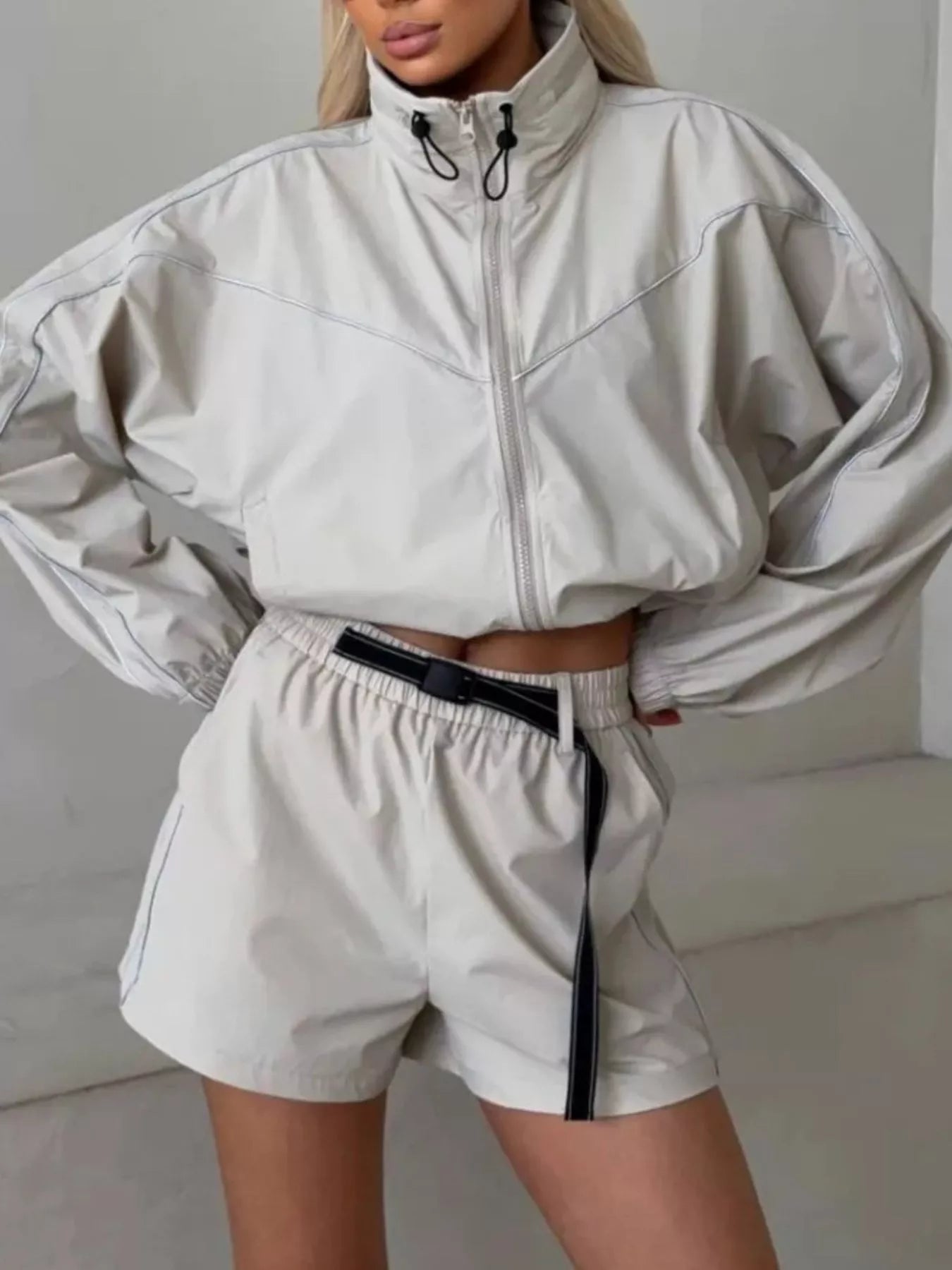 Trendsi Drawstring Zip-Up Jacket and Shorts Set -