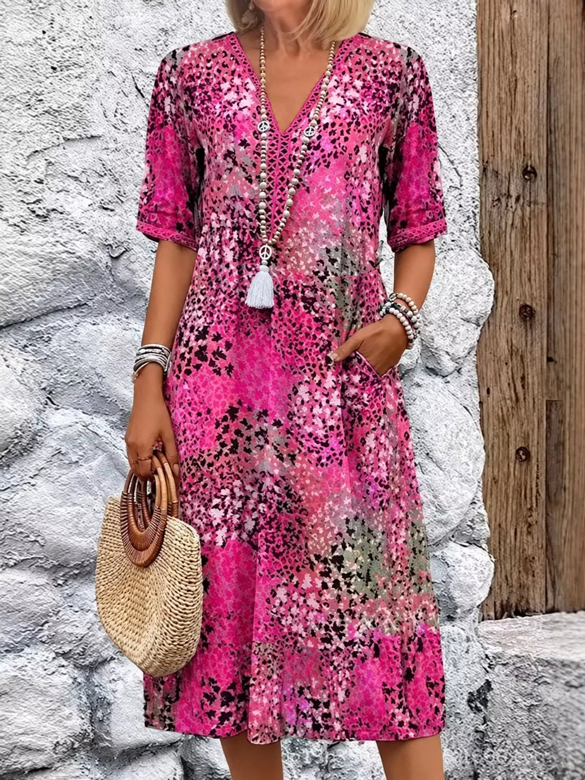 V-neck 3/4 sleeve knee dress, front view on model