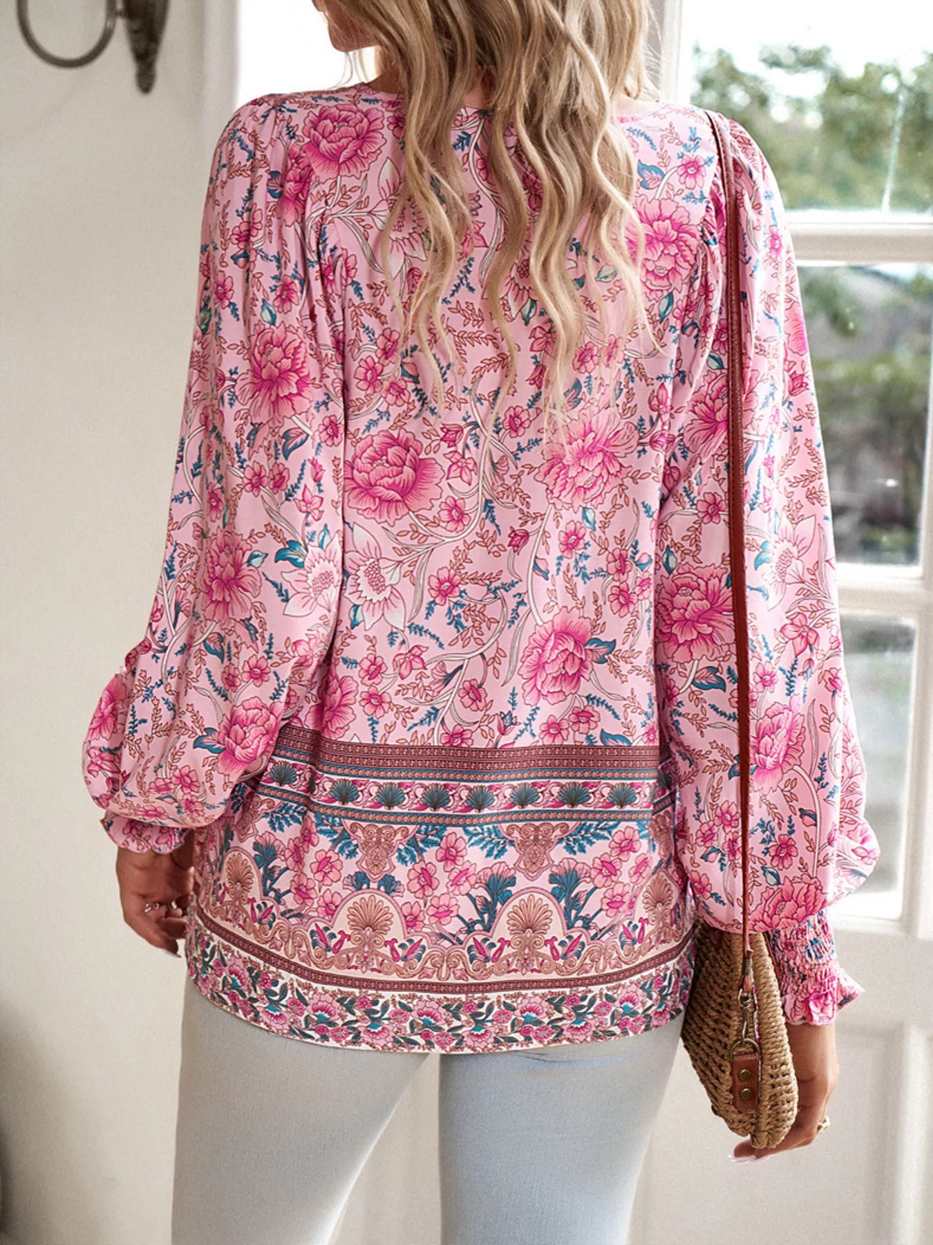 Trendsi Floral Print Tie-Neck Blouse with Smocked Cuffs -