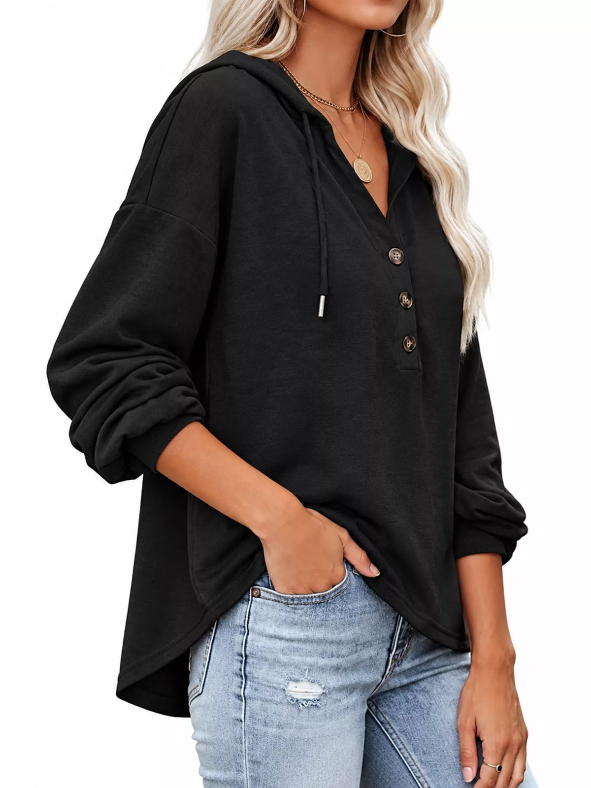 Women's Button Placket Drawstring Dropped Shoulder Hoodie in black — side view