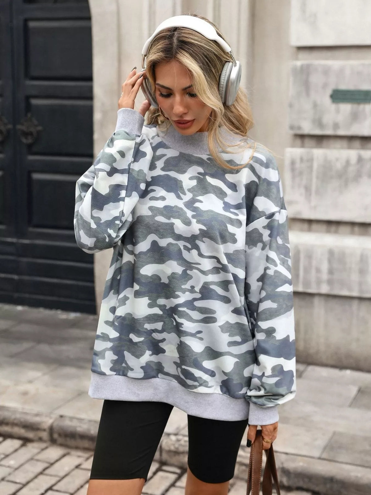 Camouflage-print mock-neck sweatshirt
