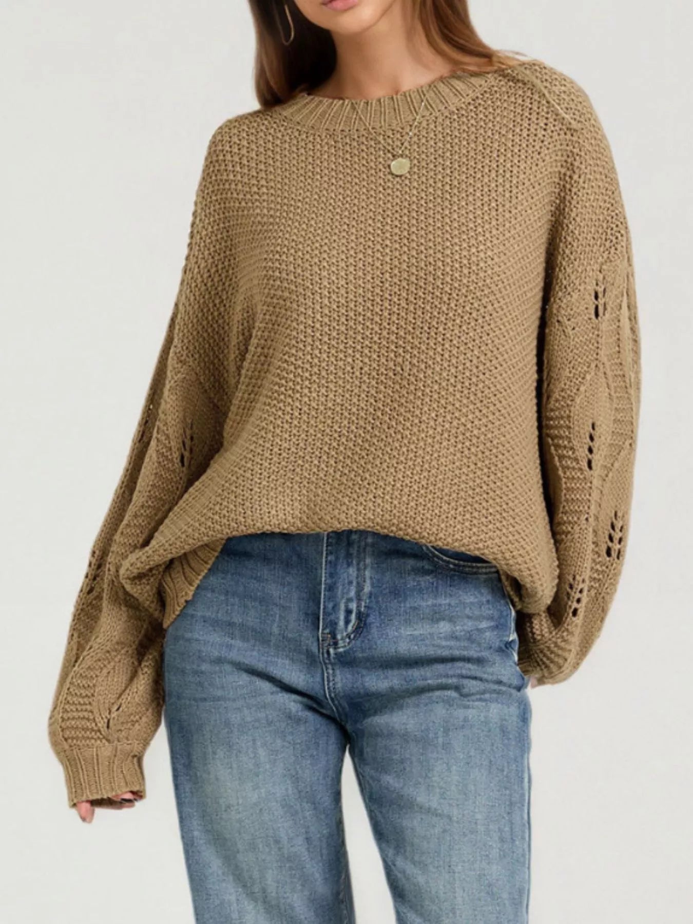 Trendsi Textured Knit Openwork Dropped Shoulder Sweater -