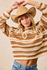 Trendsi BiBi Striped Open Knit Sweater Top with Front Braided Detail -