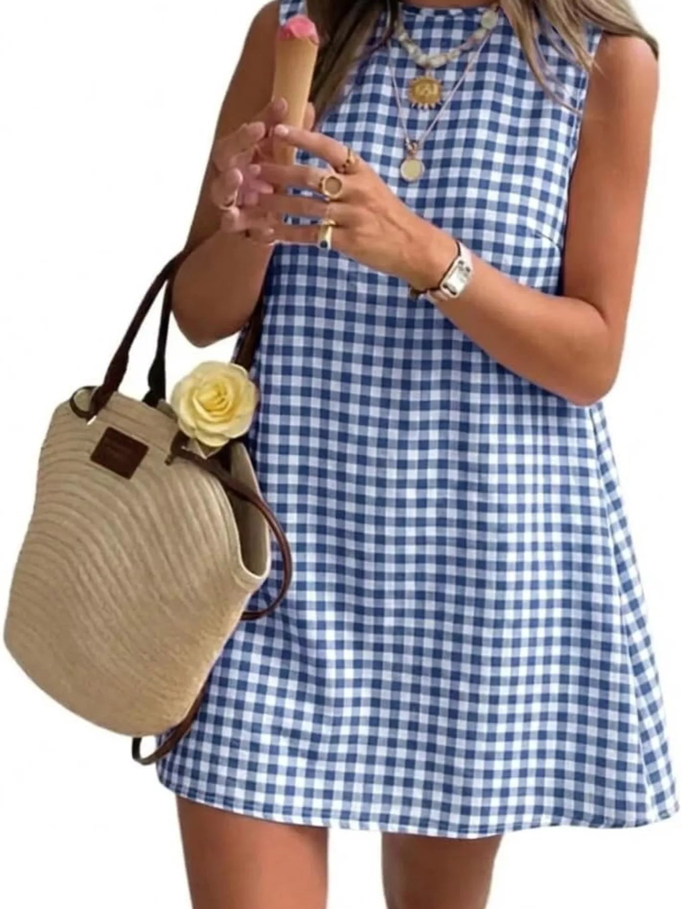 Trendsi Gingham Sleeveless A-Line Mini Dress -