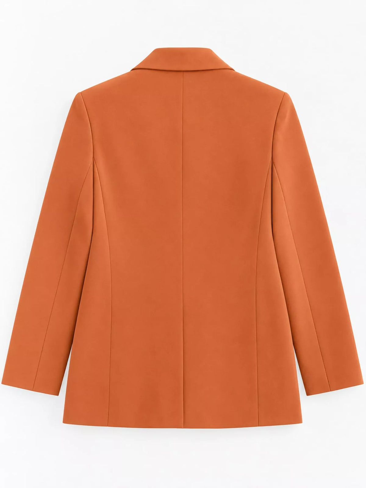 Orange double-breasted lapel collar blazer, back view
