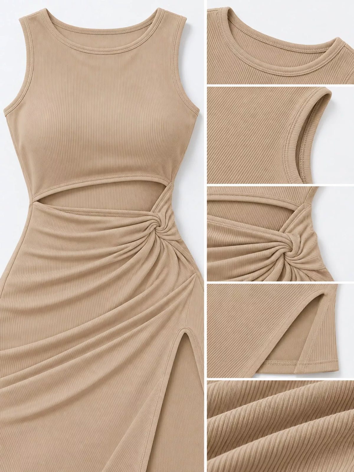 Women's Sleeveless Cut-Out Ruched High-Slit Bodycon Dress in beige — detail collage view