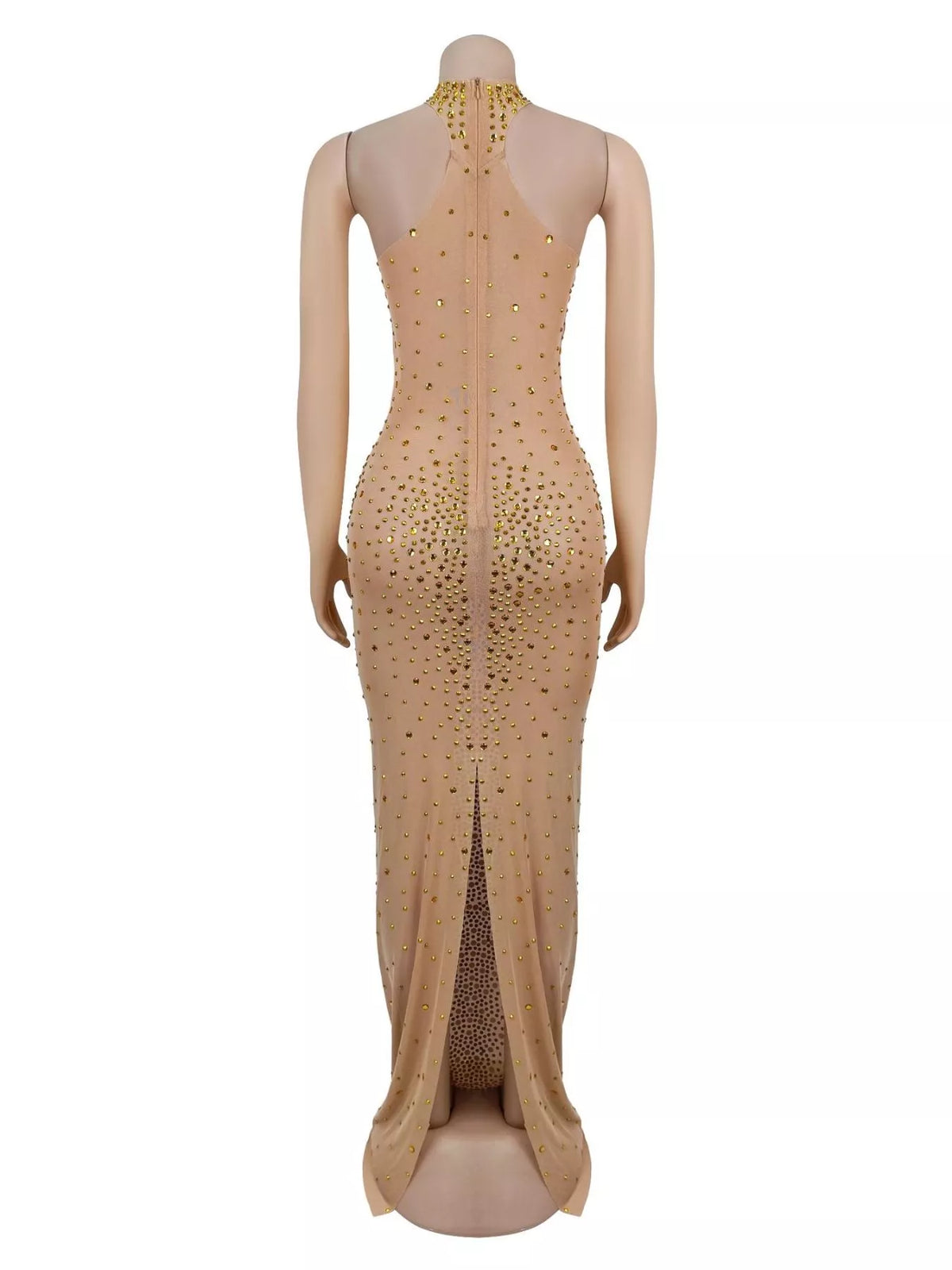 Gold rhinestone mesh maxi dress with back slit, back on mannequin.