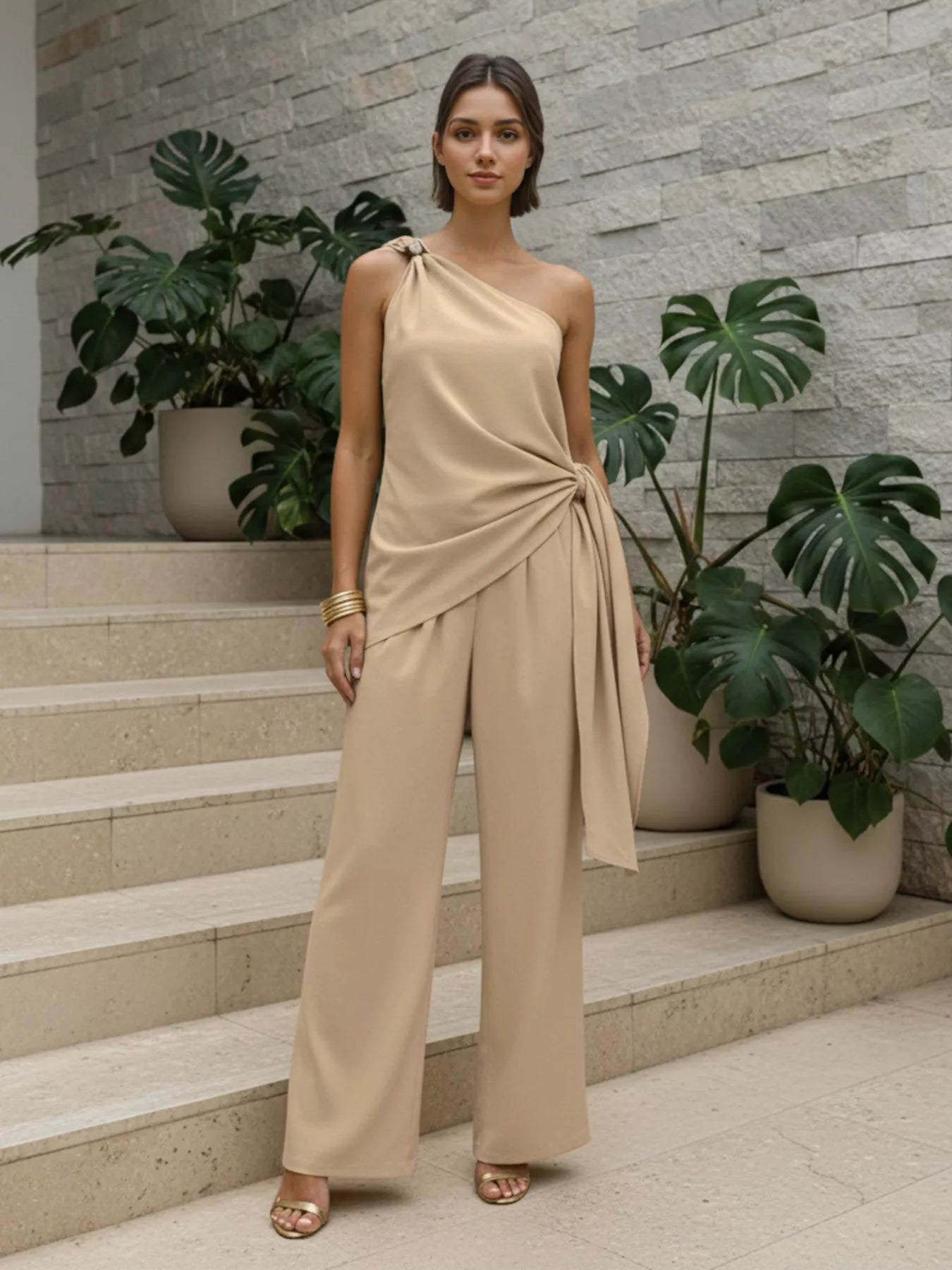 Trendsi One-Shoulder Tie-Waist Top and Wide-Leg Pants Set -
