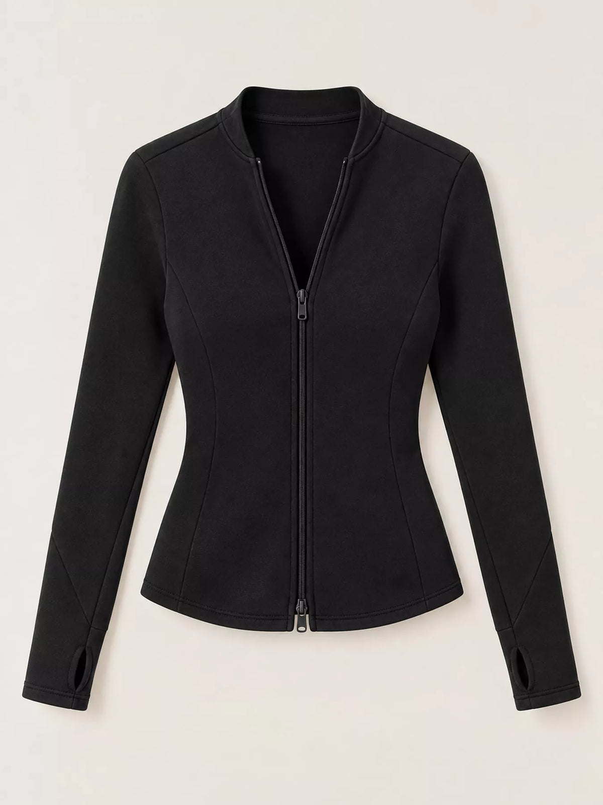Black slim-fit zip-up long sleeve jacket — front view