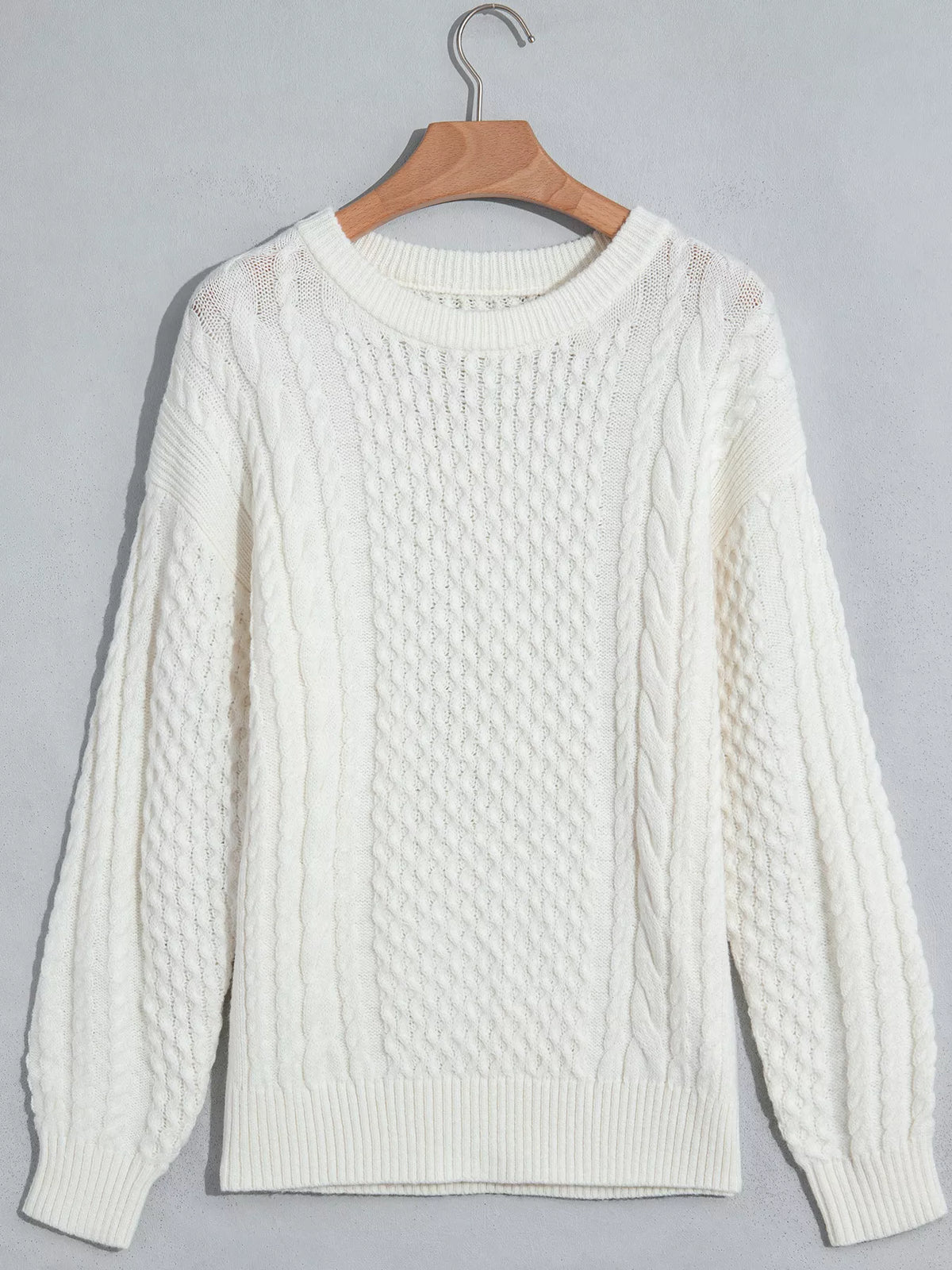 Cable Round Neck Sweater in white, front view
