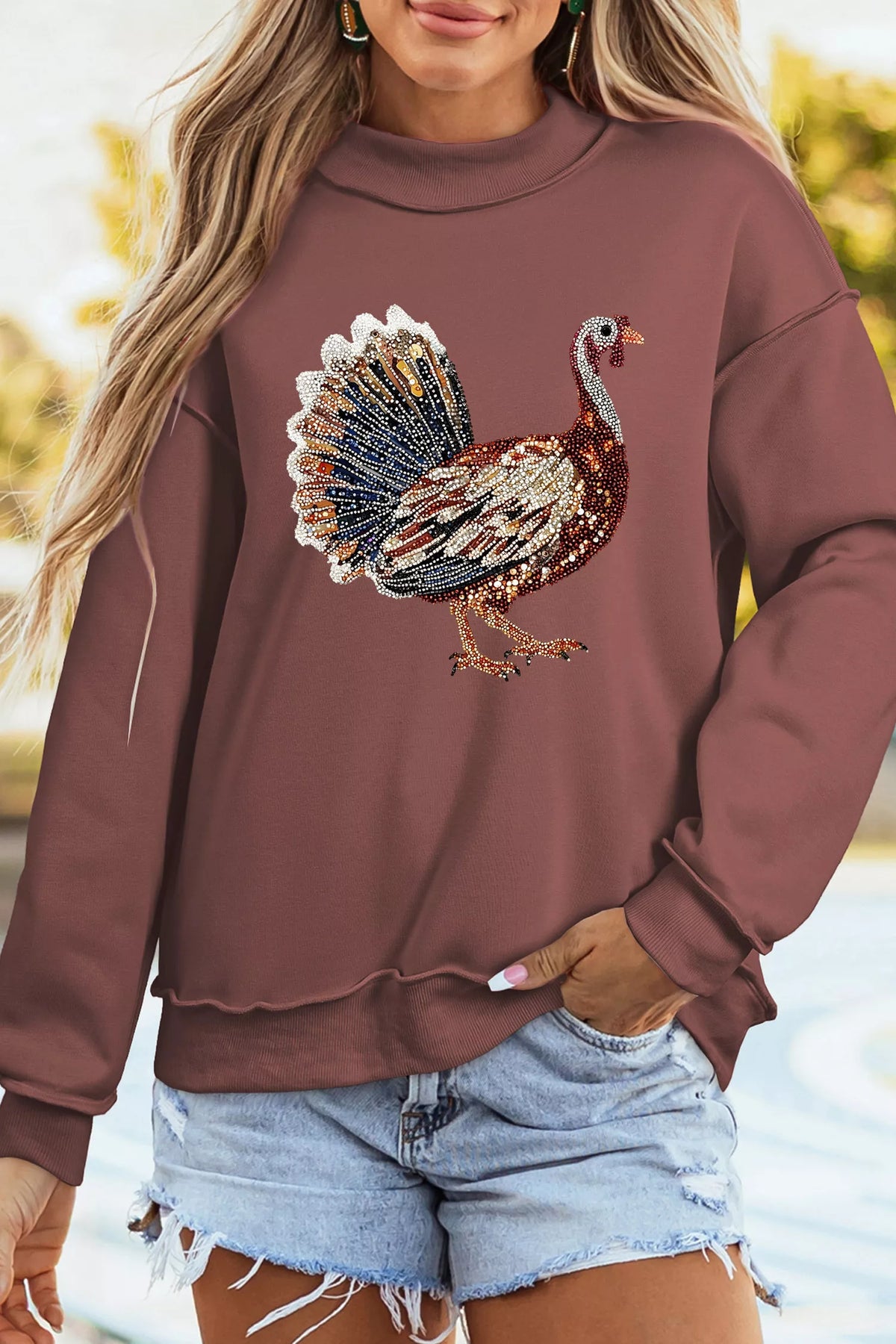 Brown thanksgiving turkey high neck graphic sweatshirt — front view