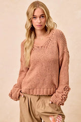 Trendsi BiBi Chunky Knit Sweater with Flower Detail Sleeves -