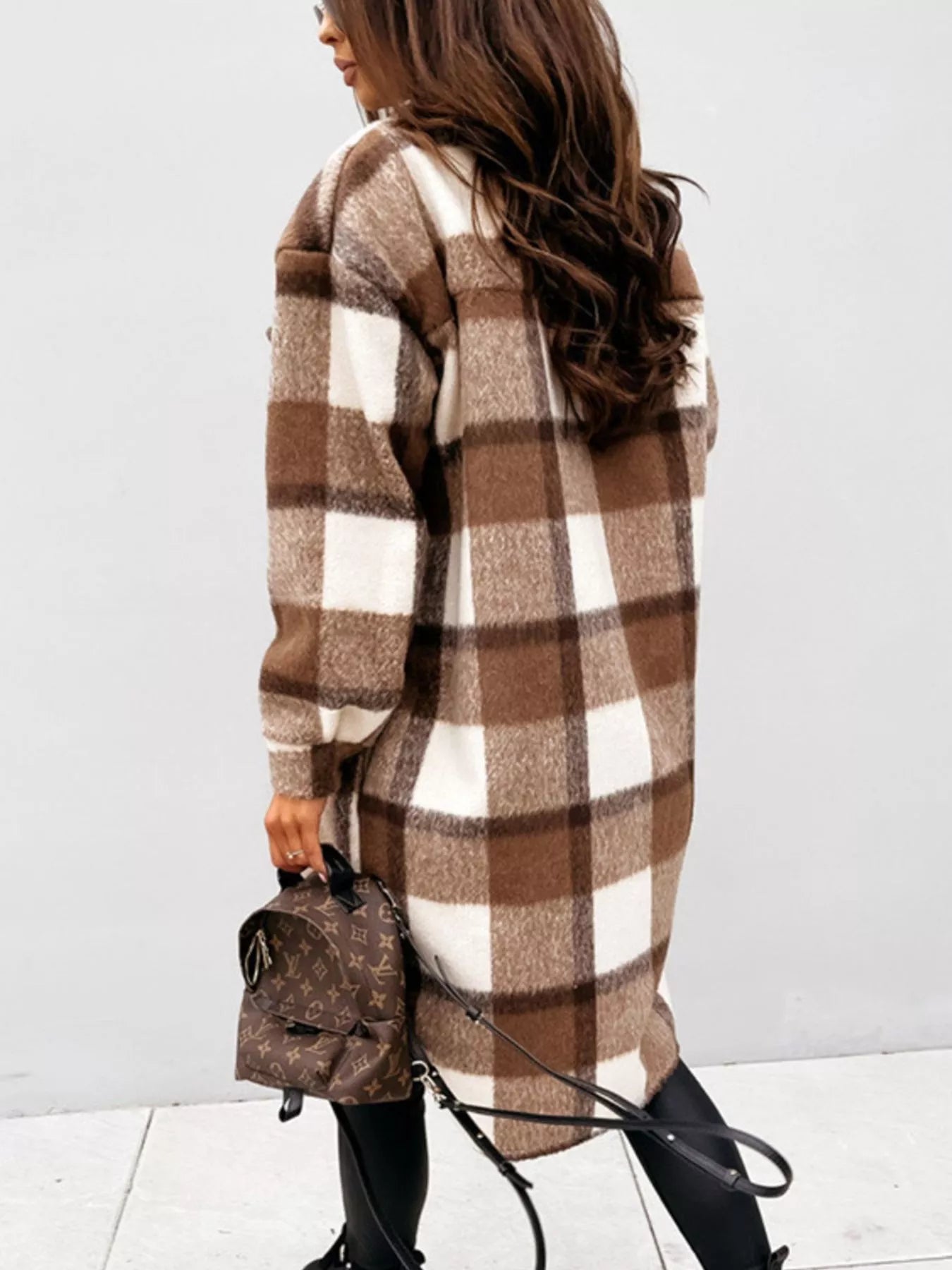 Trendsi Longline Plaid Button Up Coat -