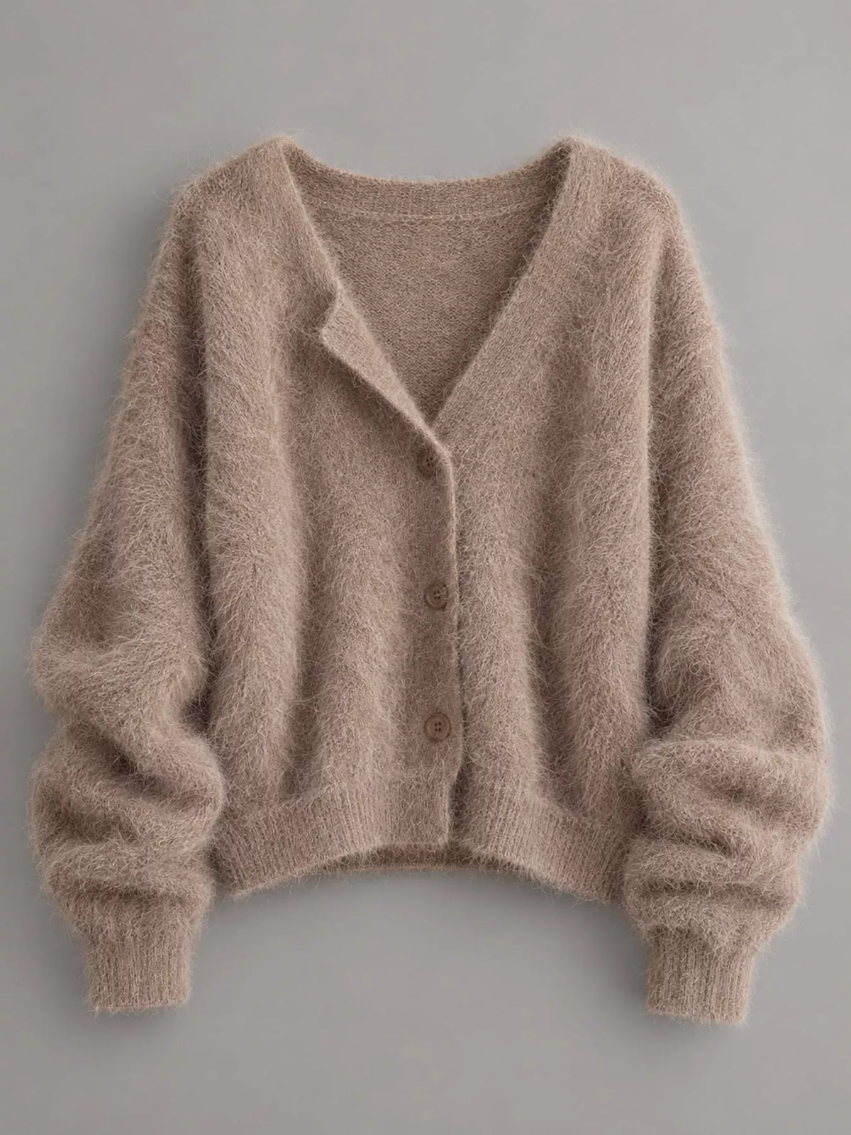 Taupe fuzzy v-neck button-down cardigan